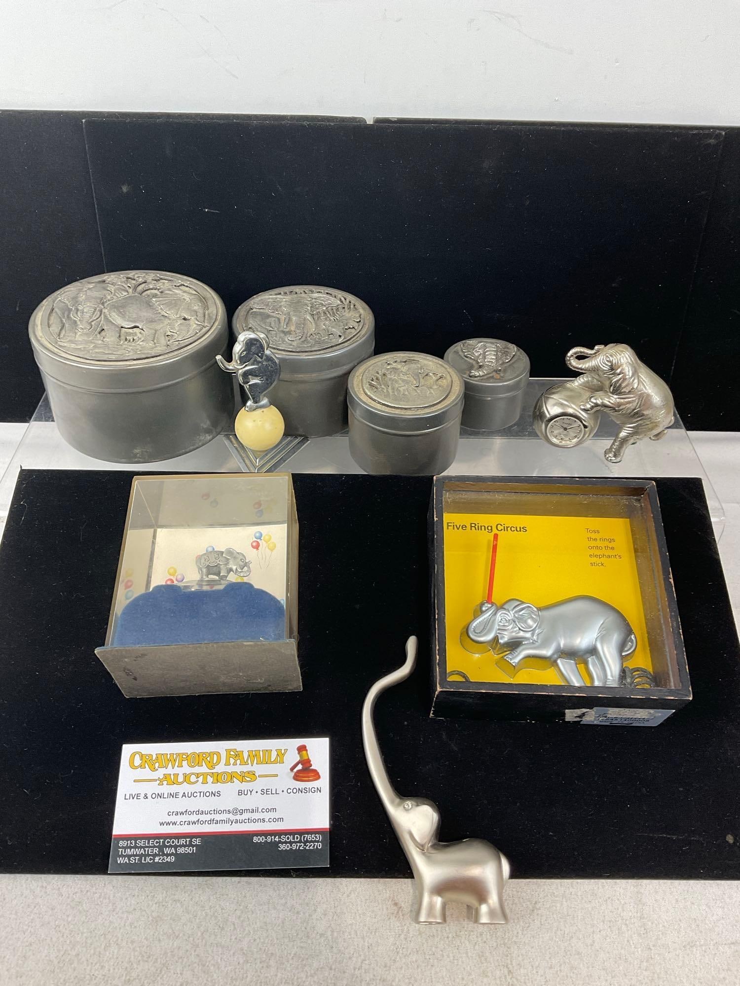 9 Elephant Shaped Pieces, 4 Lidded Graduated Jewelry Boxes, Timex Desk Clock, Ring Toy, Pewter Pi...: Appears to be in good shape. The piece measures approx 14h x 5w x 4d inches. See pics. E-6230