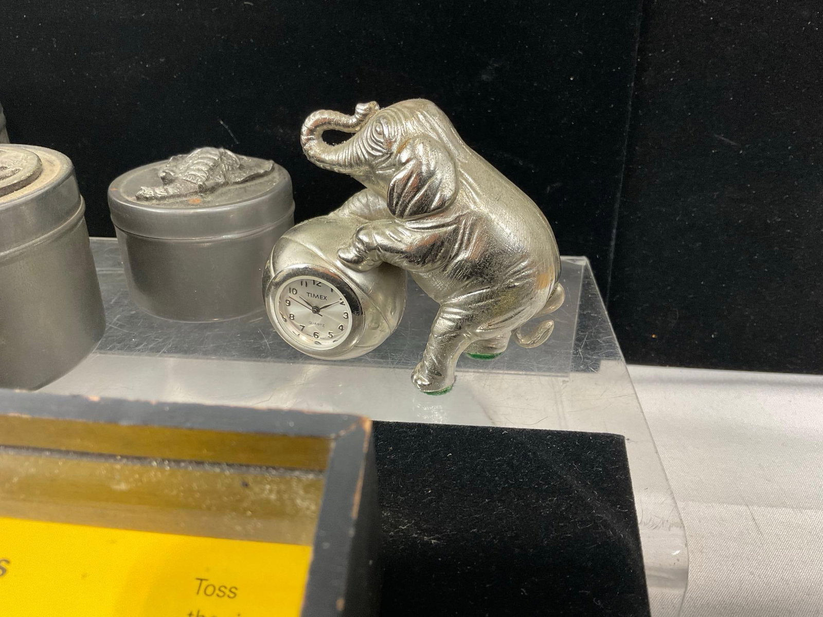 9 Elephant Shaped Pieces, 4 Lidded Graduated Jewelry Boxes, Timex Desk Clock, Ring Toy, Pewter Pi... - 4