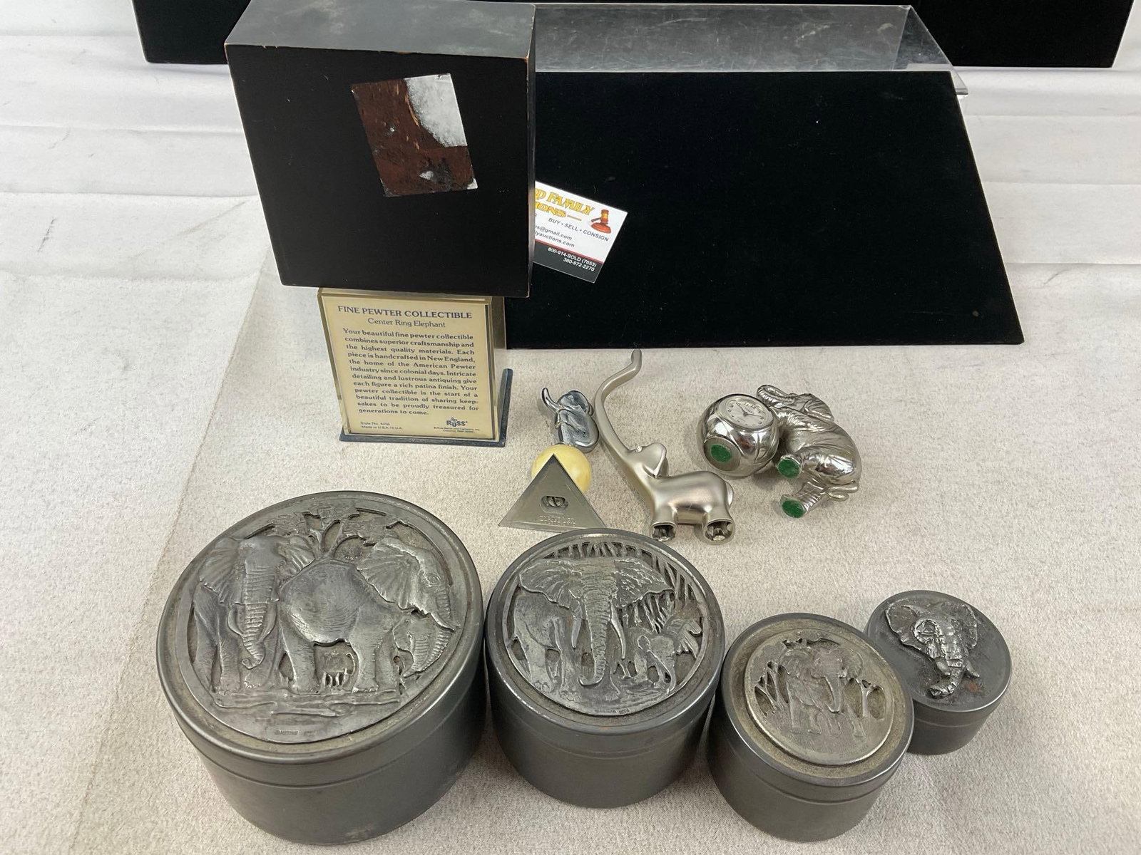 9 Elephant Shaped Pieces, 4 Lidded Graduated Jewelry Boxes, Timex Desk Clock, Ring Toy, Pewter Pi... - 5