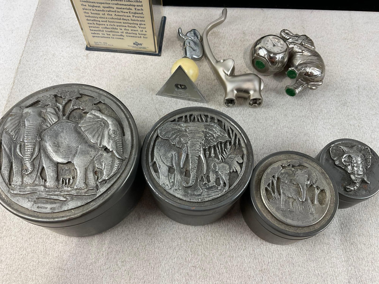9 Elephant Shaped Pieces, 4 Lidded Graduated Jewelry Boxes, Timex Desk Clock, Ring Toy, Pewter Pi... - 6