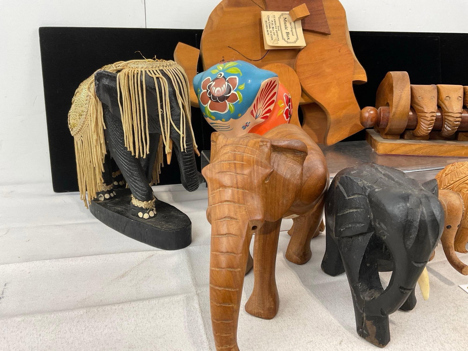 Elephant Shaped Wooden Carved Napkin Rings, Music Box, Figurines, Russian Painted Ceramic Figure - 2