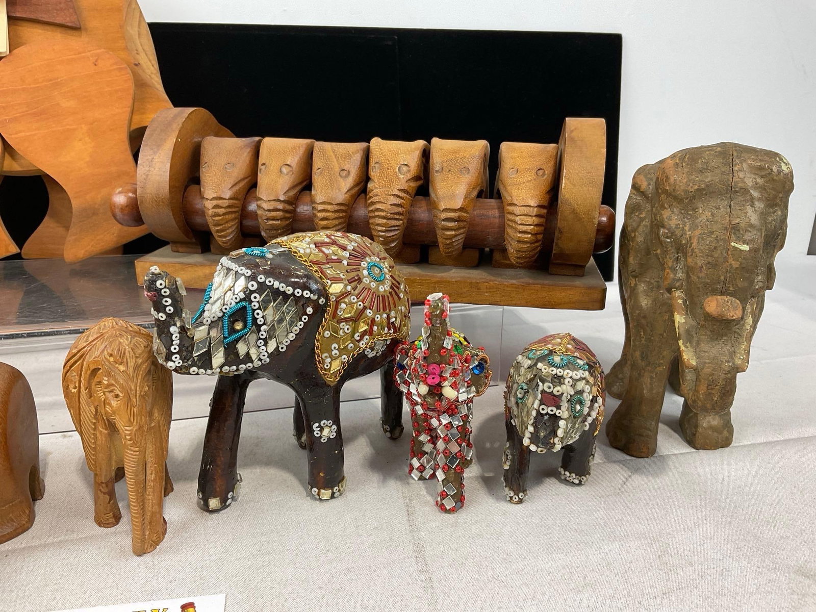 Elephant Shaped Wooden Carved Napkin Rings, Music Box, Figurines, Russian Painted Ceramic Figure - 3