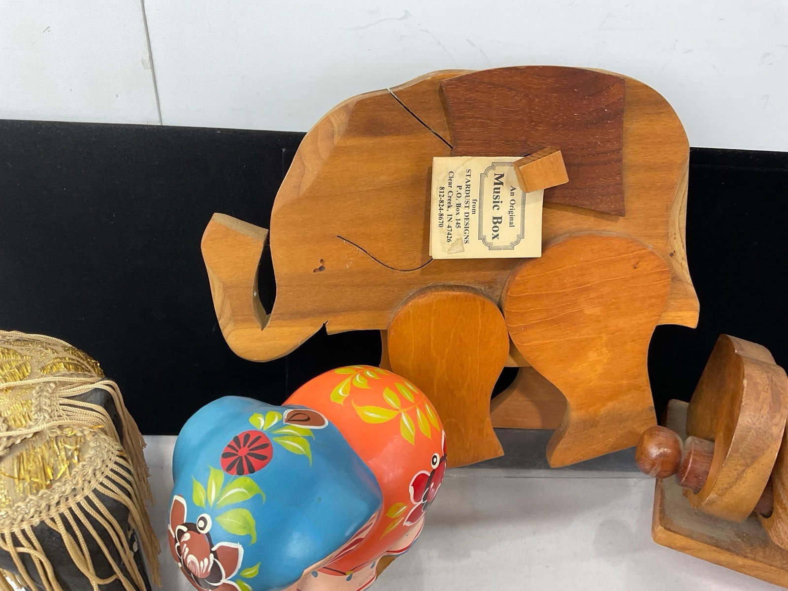 Elephant Shaped Wooden Carved Napkin Rings, Music Box, Figurines, Russian Painted Ceramic Figure - 4