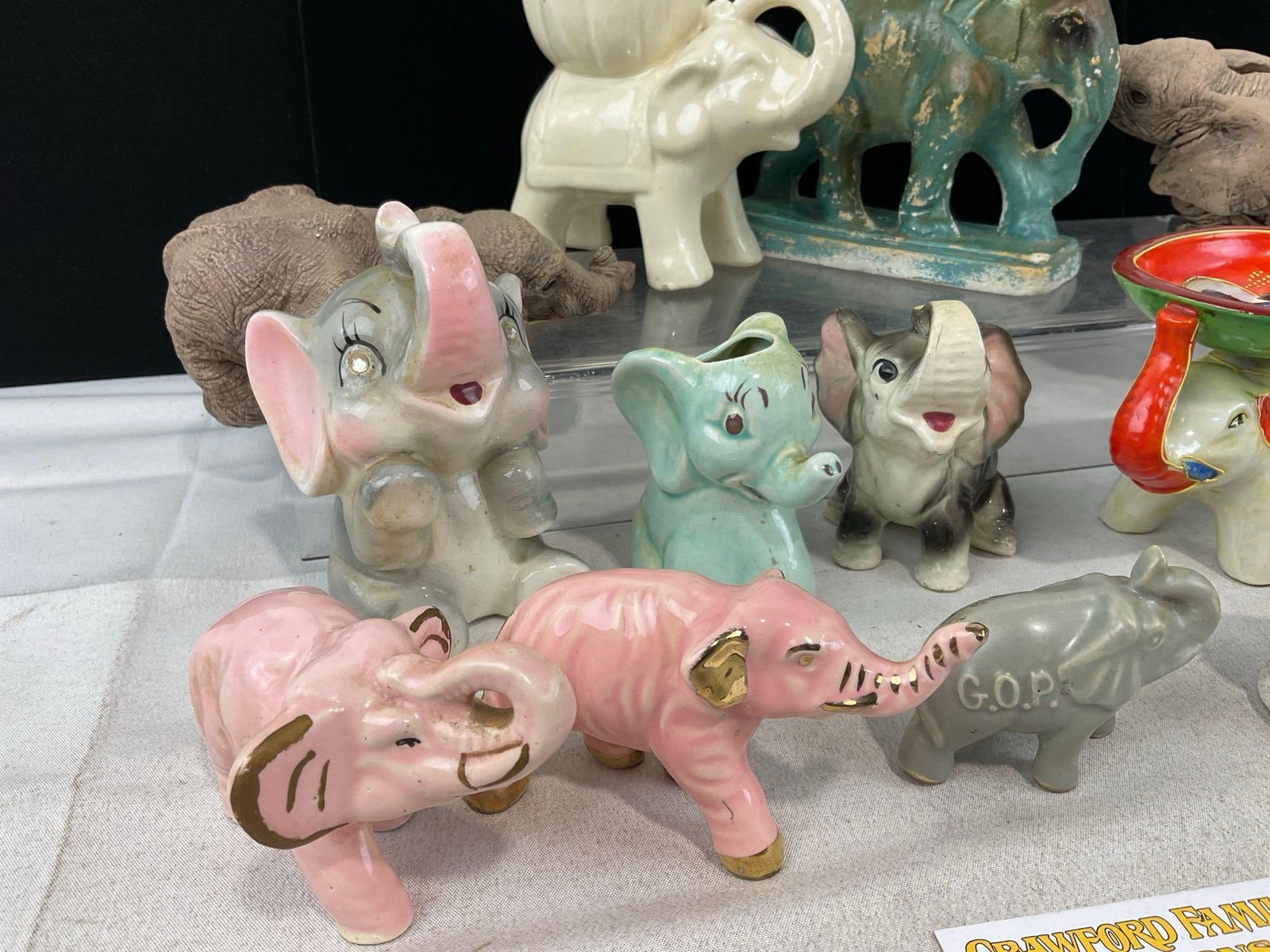 15 Elephant Shaped Figures, Glazed Ceramic, GOP, Pink Elephants, Composite, & more - 2