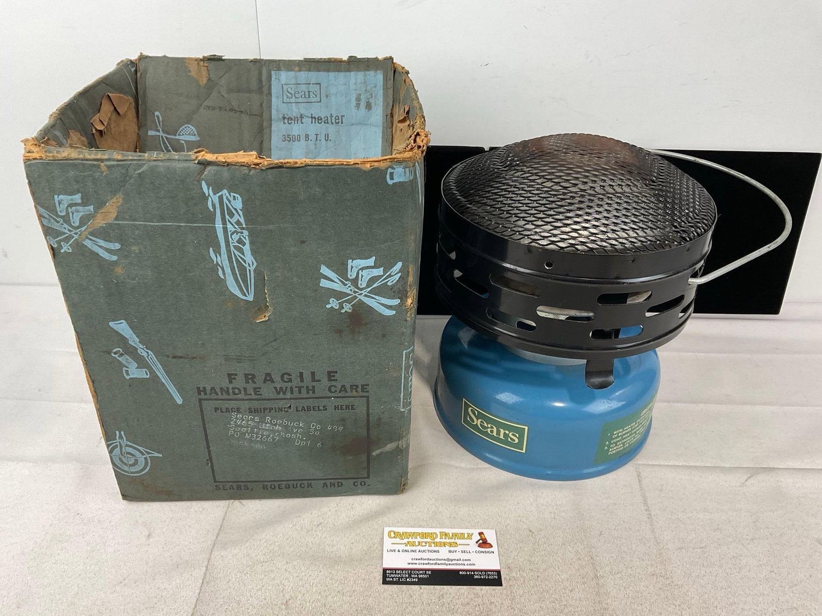 Vintage 1960s-70s Sears Camping Tent Heater 3500 BTU model, w/original box: Appears to be in good shape. The piece measures approx 13h x 10w x 10d inches. See pics. E-6400