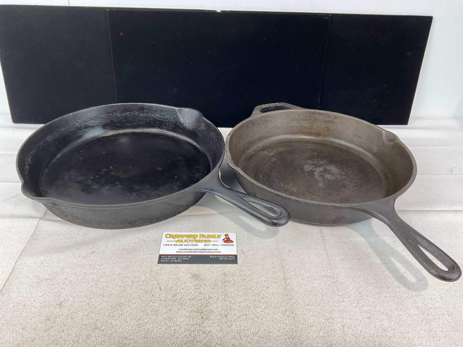 2 Cast Iron Pans, Lodge 8 inch Skillet & Antique Favorite Stove & Range Co. (Piqua, Ohio) Miami Pan: Appears to be in good shape. The piece measures approx 4h x 17w x 13d inches. See pics. E-6400