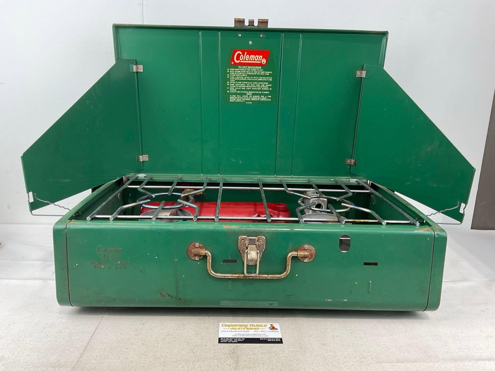 Vintage Coleman 413G Double Burner Camp Stove, white gas, 1950s-70s era, some finish wear: *No in-house shipping available, hazardous materials* Appears to be in good shape, some wear on the finish, oxidized due to the lost finish. The piece measures approx 7h x 24w x 15 inches. See