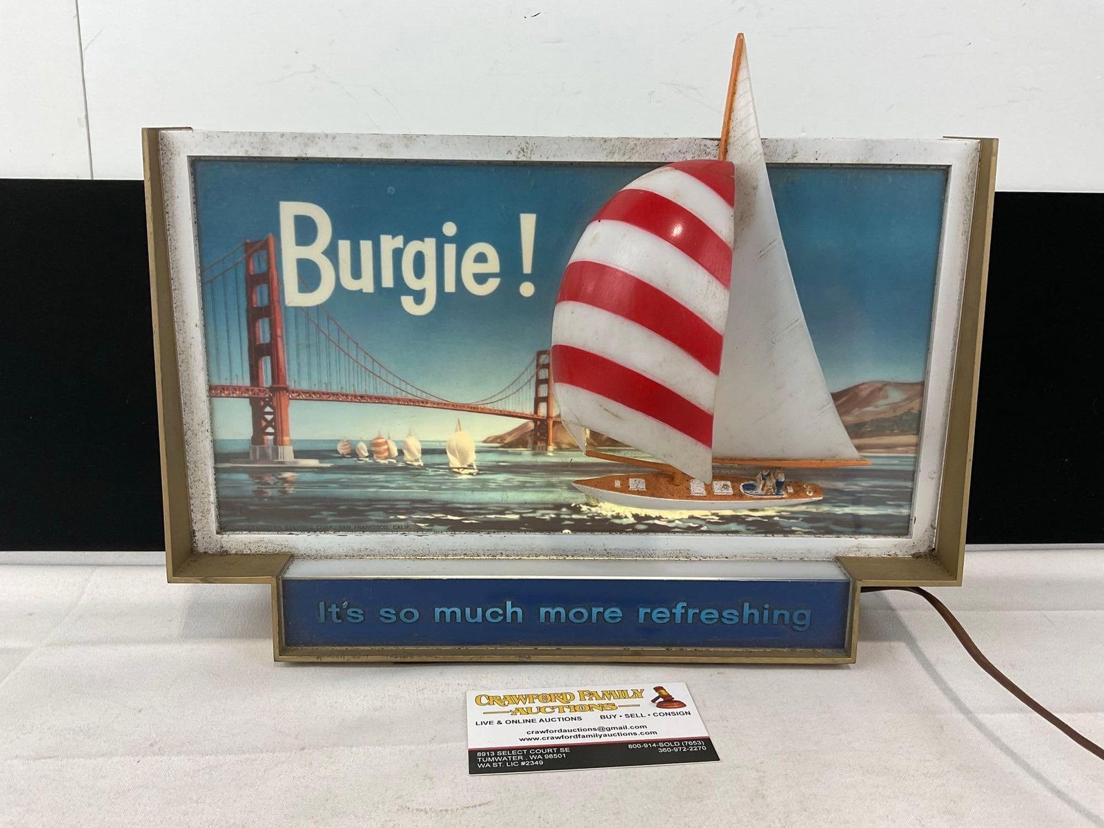 Vintage Burgie Lighted Beer Sign, Burgermeister Ad Sign, 3D Sailboat on front, lights up, 11x14x6...: Appears to be in good shape. The piece measures approx 11h x 14w x 6d inches. See pics. E-6400