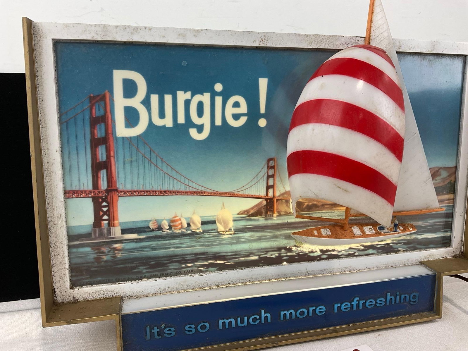 Vintage Burgie Lighted Beer Sign, Burgermeister Ad Sign, 3D Sailboat on front, lights up, 11x14x6... - 2