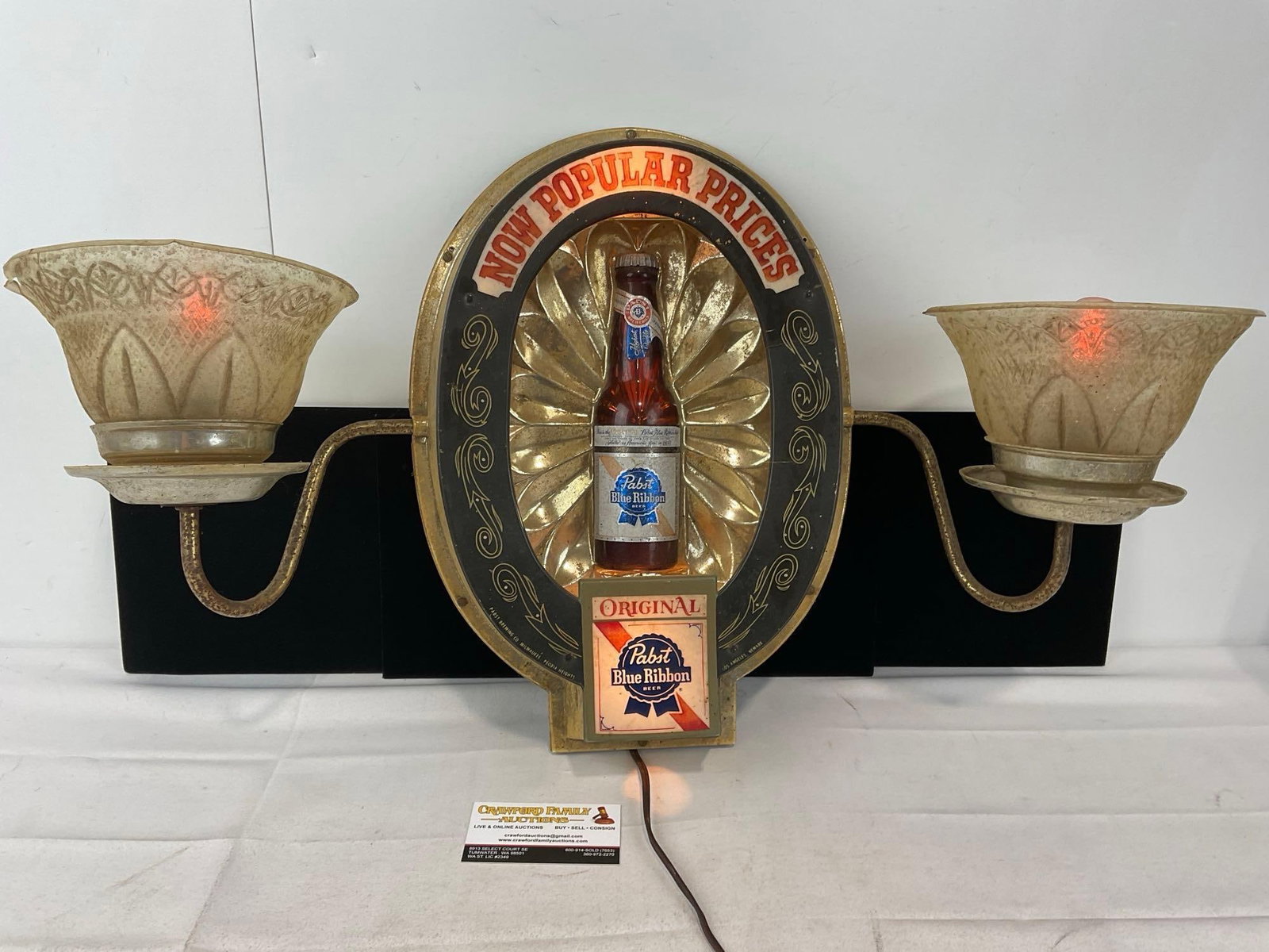 Vintage 1965 Pabst Blue Ribbon Beer Bar Sign, tested & working, Double Wall Sconce: Appears to be in fair to good shape. The piece measures approx 17h x 28w x 7d inches. See pics. E-6400