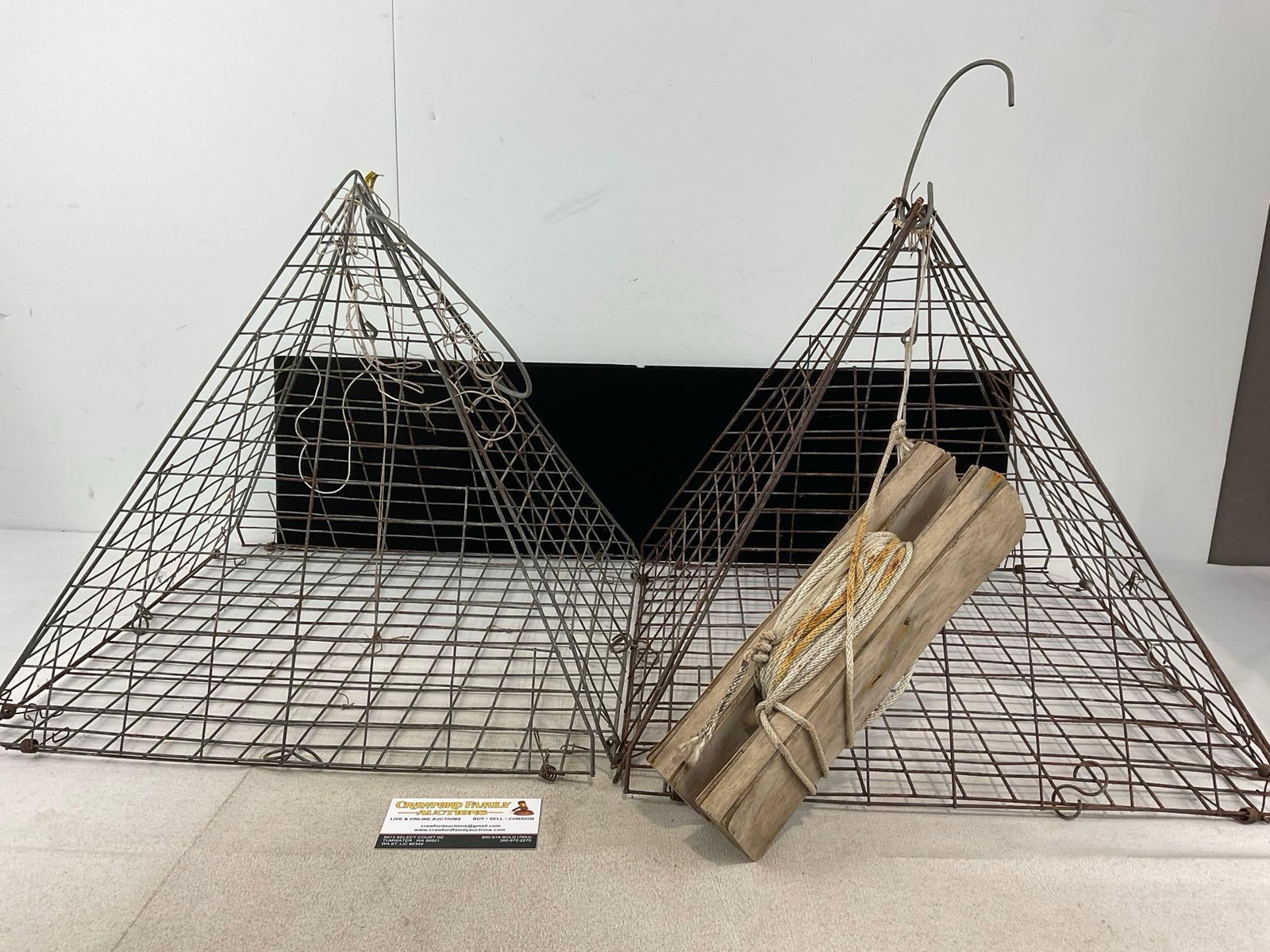 Pair of Pyramid style Crab Traps, Collapsible Wire pots w/string reel: Appears to be in good shape. The piece measures approx 17h x 17w x 17d inches. See pics. E-6400