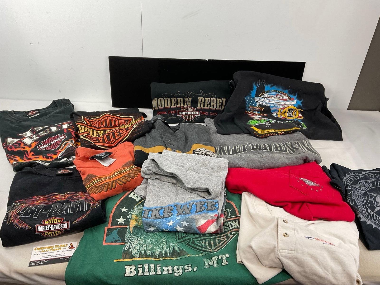 Variety of 13 Harley Davidson T-Shirts, Vintage & more modern, Mens Size Medium & Large: Similar to the next lot. Appears to be in good shape. The piece measures approx 10h x 13w x 13d inches. See pics. E-6400
