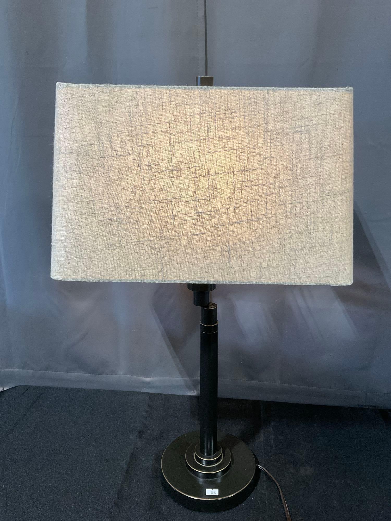 Table Lamp w/Rectangular Shade, w/Swing Arm, tested & working, 28x17x11 inches: Appears to be in good shape. The piece measures approx 28h x 17w x 11d inches. See pics. E-6550 *Oversized shipping may apply*