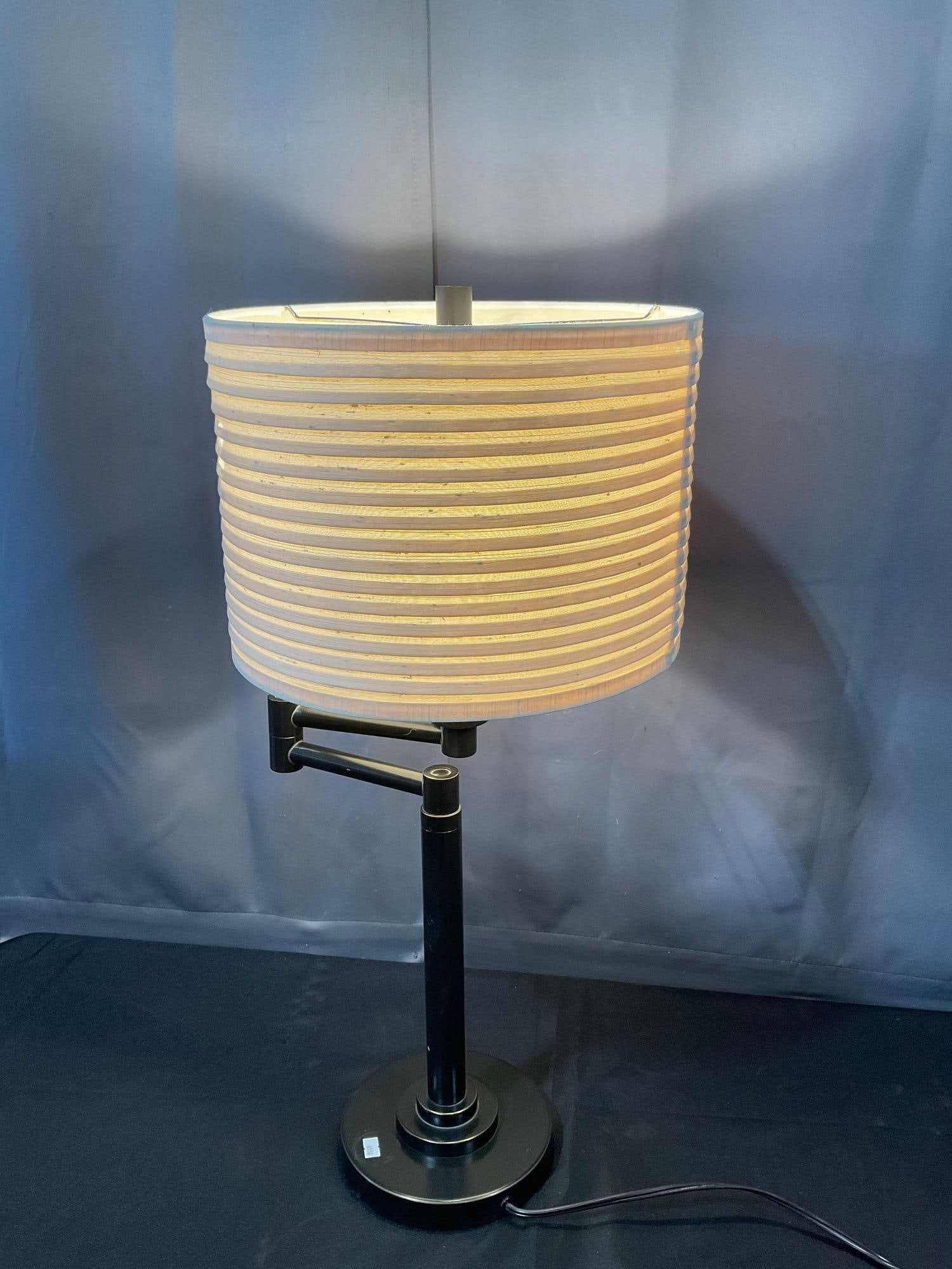 Neat Pleat Modern Swing Arm Table Lamp, w/pleated shade, 28x14x14 inches, tested & working: Appears to be in good shape. The piece measures approx 28h x 14w x 14d inches. See pics. E-6550 *Oversized shipping may apply*