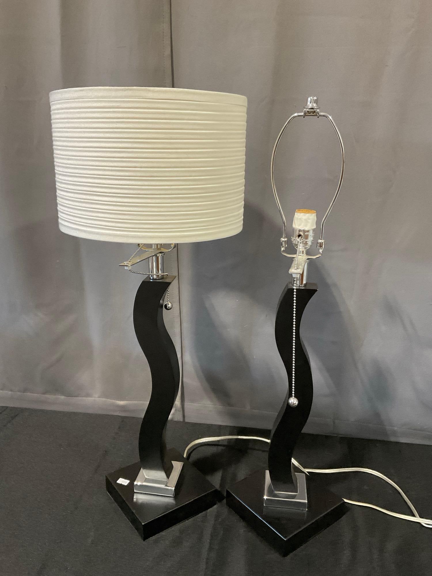 Pair of S-Curve Modern Table Lamps, tested & working, only 1 shade included: No bulbs included. Appears to be in good shape. The piece measures approx 28h x 13w x 12d inches. See pics. E-6550 *Oversized shipping may apply*