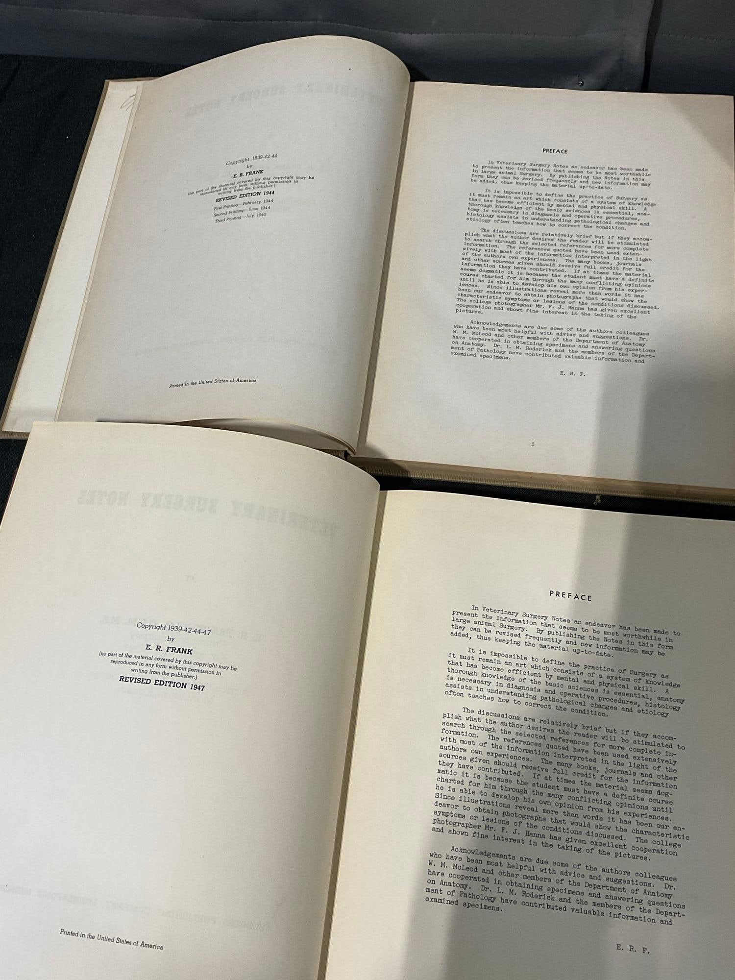 Set of 3 Old Veterinary Books, 2x 1940s Surgery Notes by ER Frank, & 1907 Diseases of the Horse - 3