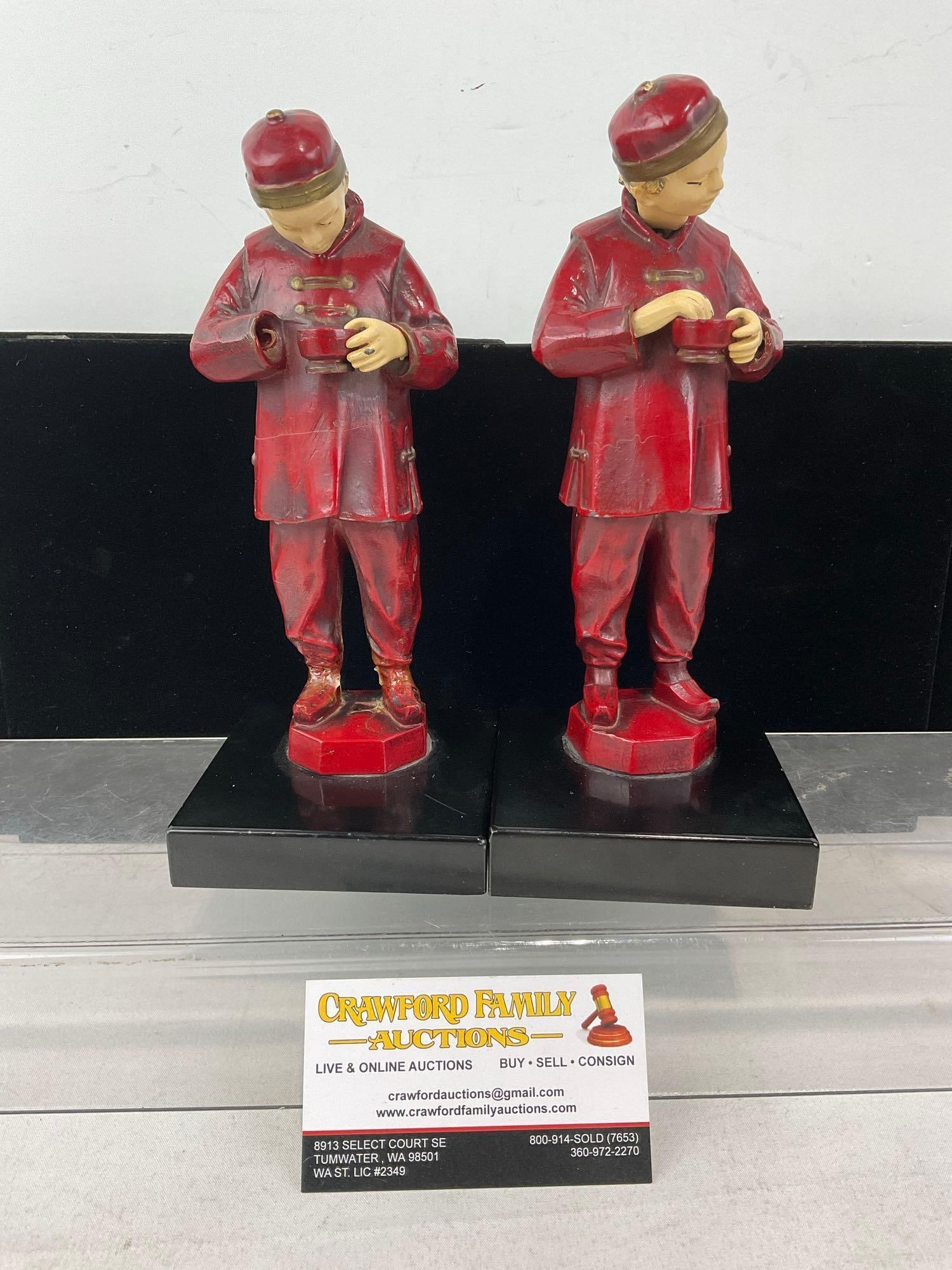 Early 20th Century Chinese Cold Painted Red Spelter Figurines, eating from small bowls on stone b...: Appears to be in fair to good shape, one hand piece is missing, pieces are loose, almost a bobblehead style. The piece measures approx 10h x 5w x 3d inches. See pics. E-6480