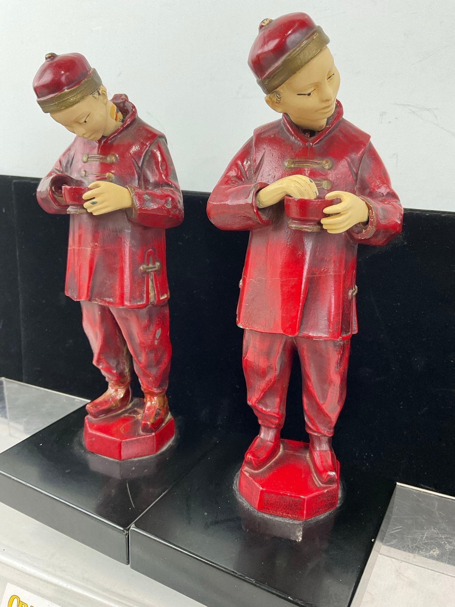 Early 20th Century Chinese Cold Painted Red Spelter Figurines, eating from small bowls on stone b... - 2