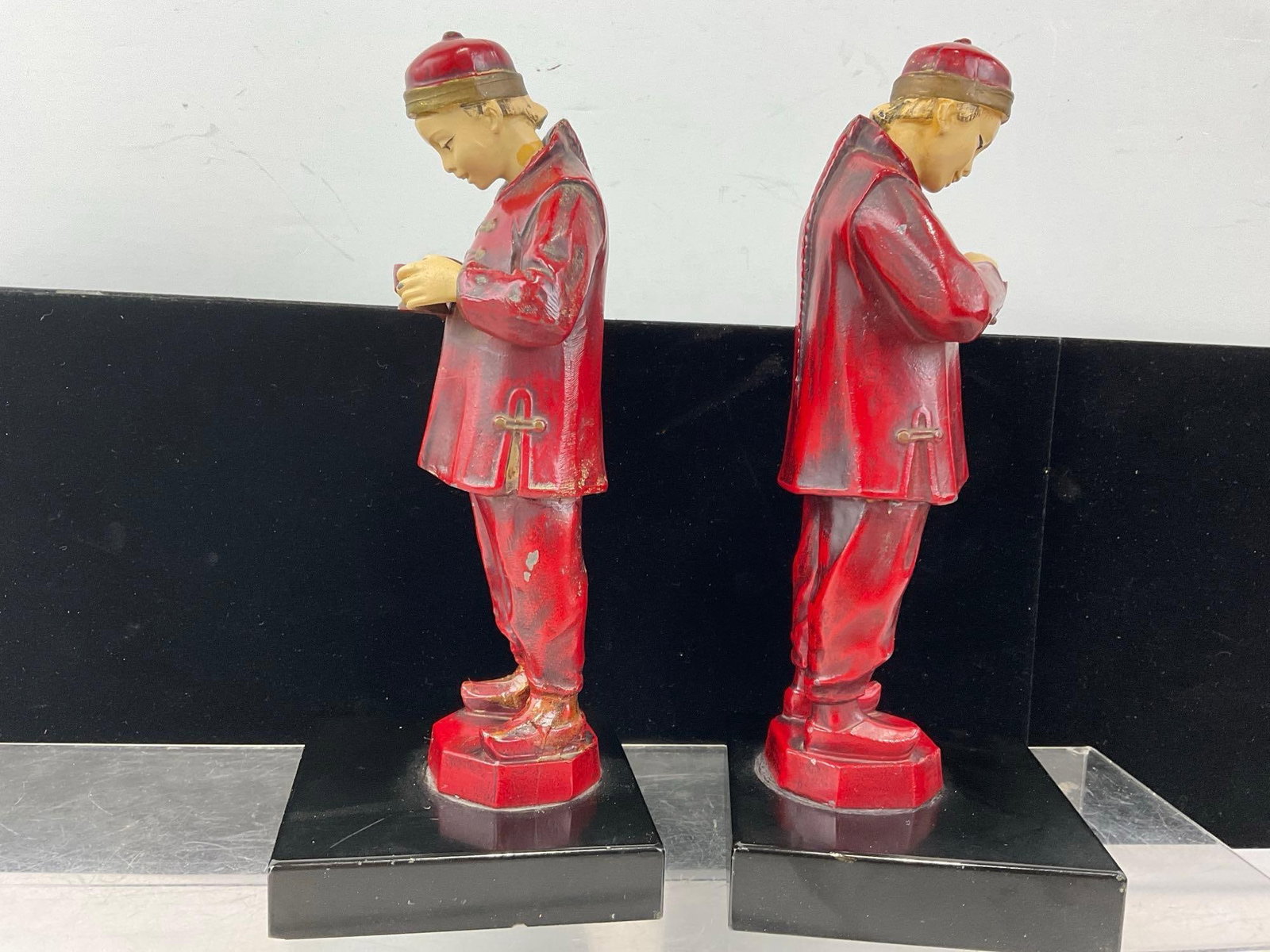 Early 20th Century Chinese Cold Painted Red Spelter Figurines, eating from small bowls on stone b... - 3