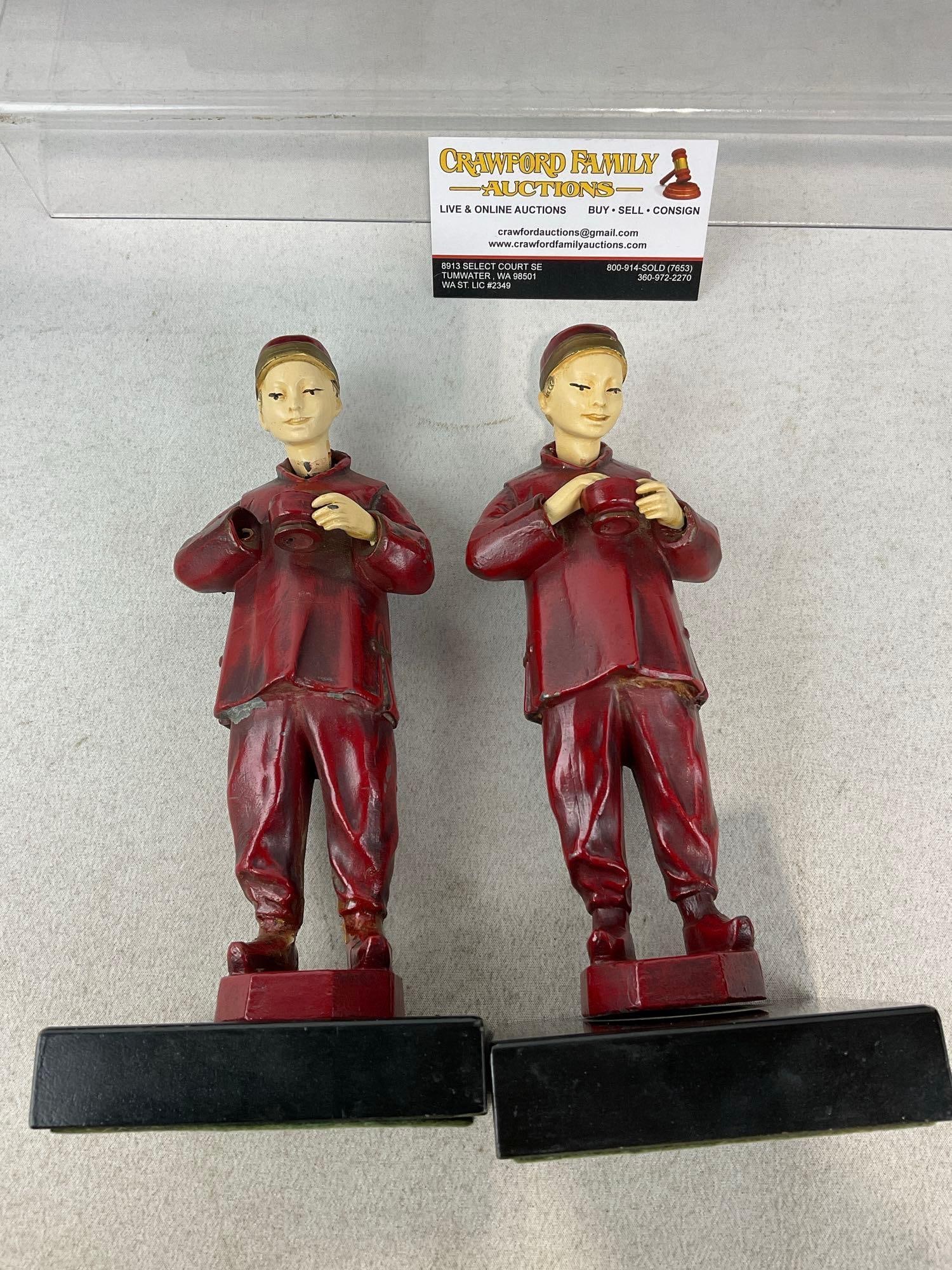 Early 20th Century Chinese Cold Painted Red Spelter Figurines, eating from small bowls on stone b... - 5