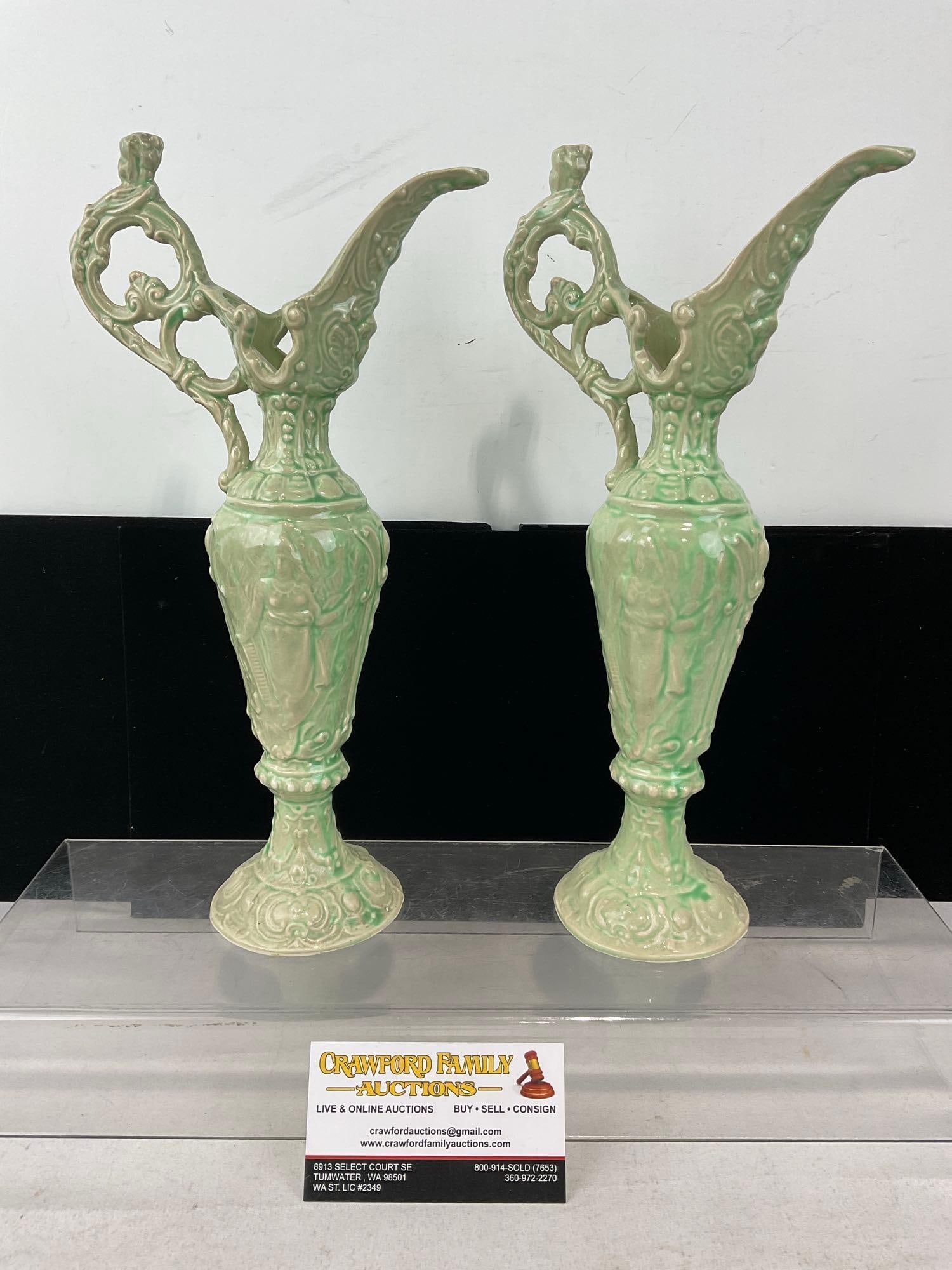 Pair of Green Ceramic Ewers, Ornate Baroque style pieces, 12 inches tall, Classical Relief Molding: Appears to be in good shape. The piece measures approx 12h x 6w x 7d inches. See pics. E-6480