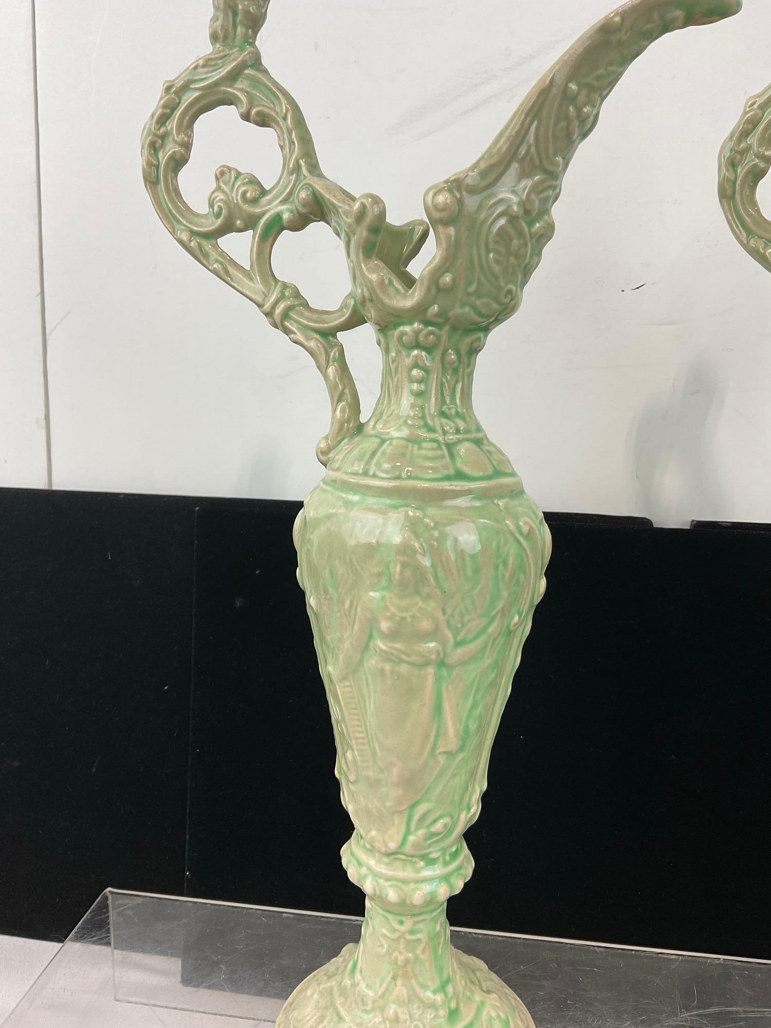 Pair of Green Ceramic Ewers, Ornate Baroque style pieces, 12 inches tall, Classical Relief Molding - 2