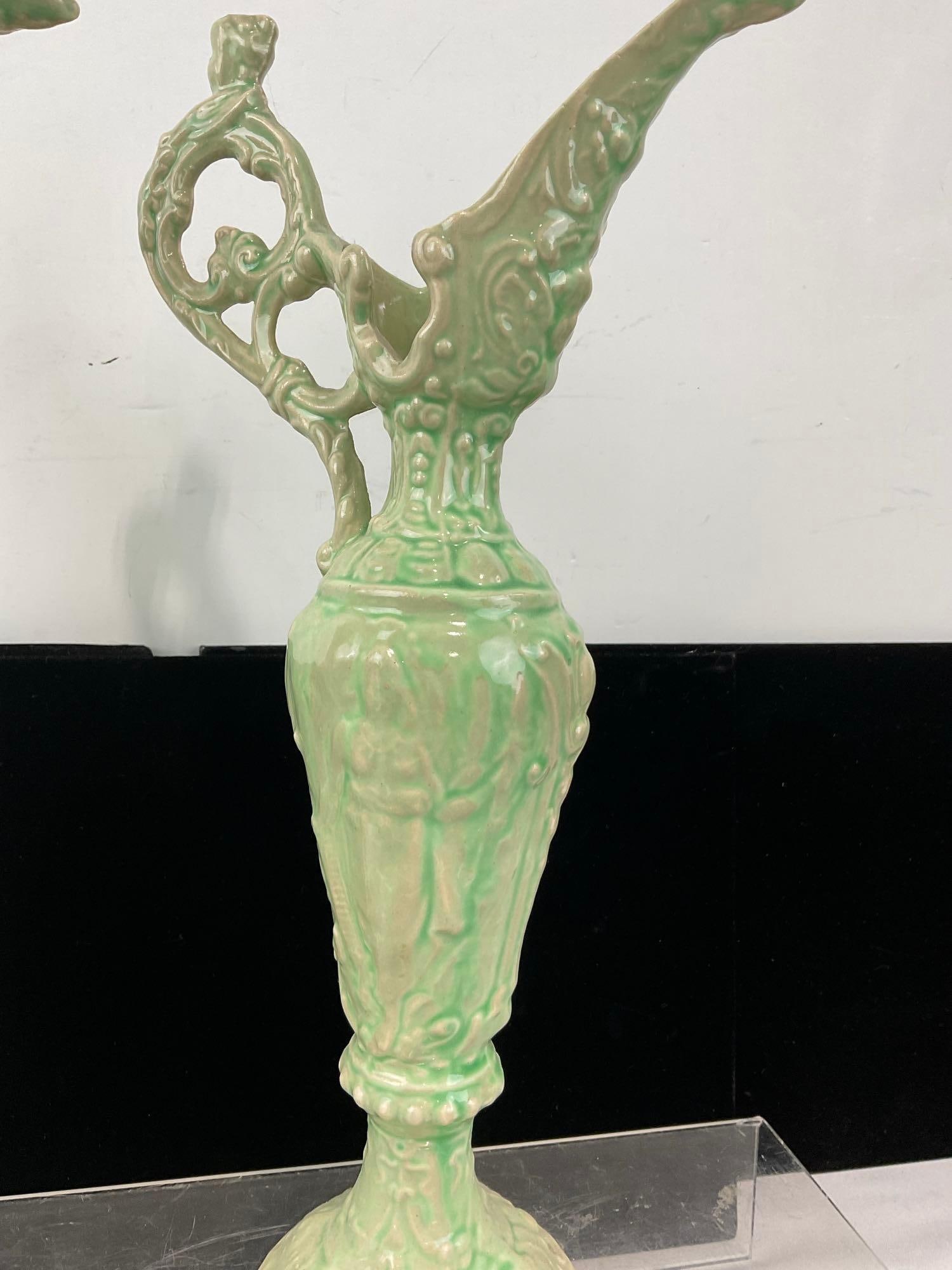 Pair of Green Ceramic Ewers, Ornate Baroque style pieces, 12 inches tall, Classical Relief Molding - 3