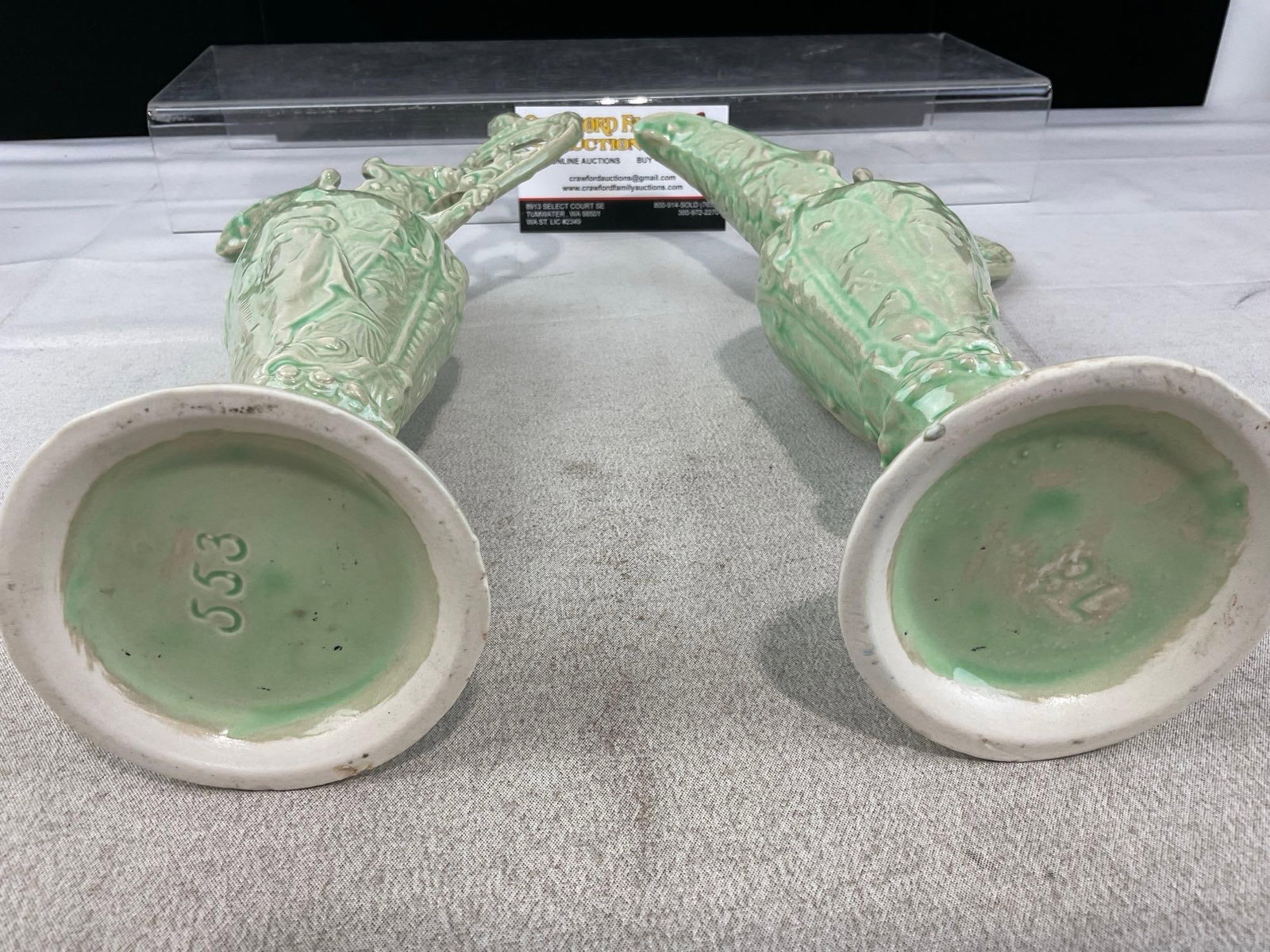 Pair of Green Ceramic Ewers, Ornate Baroque style pieces, 12 inches tall, Classical Relief Molding - 4