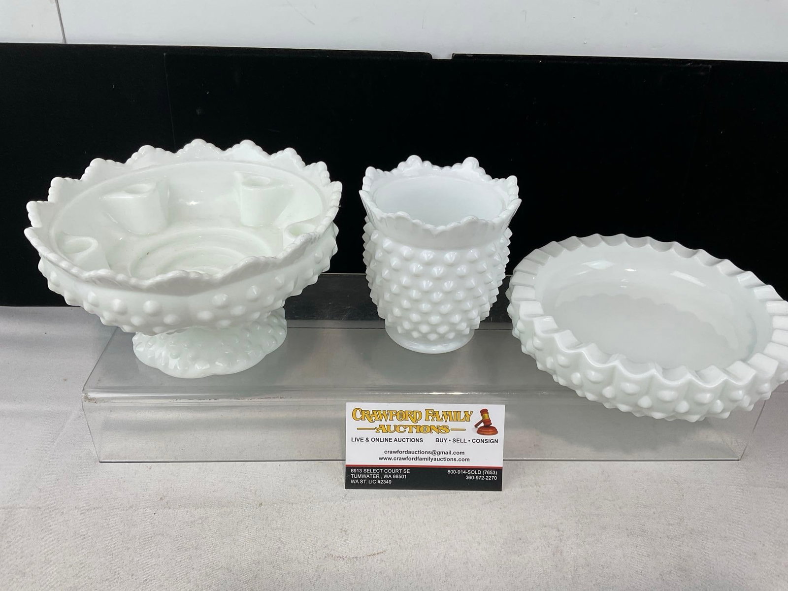 4 Fenton Milk Glass Pieces, Vase, Multi-Candle Bowl Centerpiece, & Pair of Scalloped Edge Ashtrays: Appears to be in good shape. The piece measures approx 10h x 7w x 7d inches. See pics. E-6480