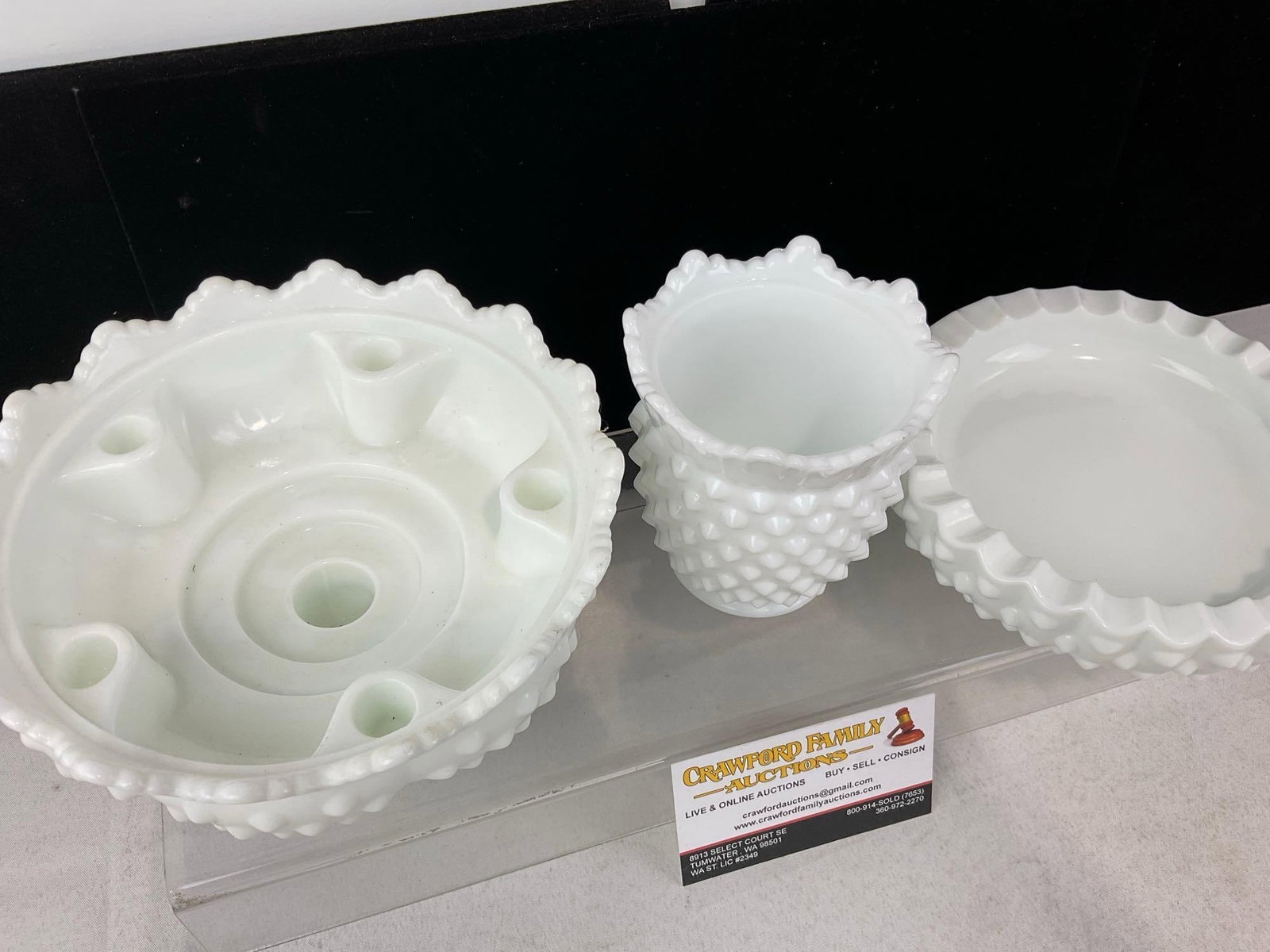 4 Fenton Milk Glass Pieces, Vase, Multi-Candle Bowl Centerpiece, & Pair of Scalloped Edge Ashtrays - 2