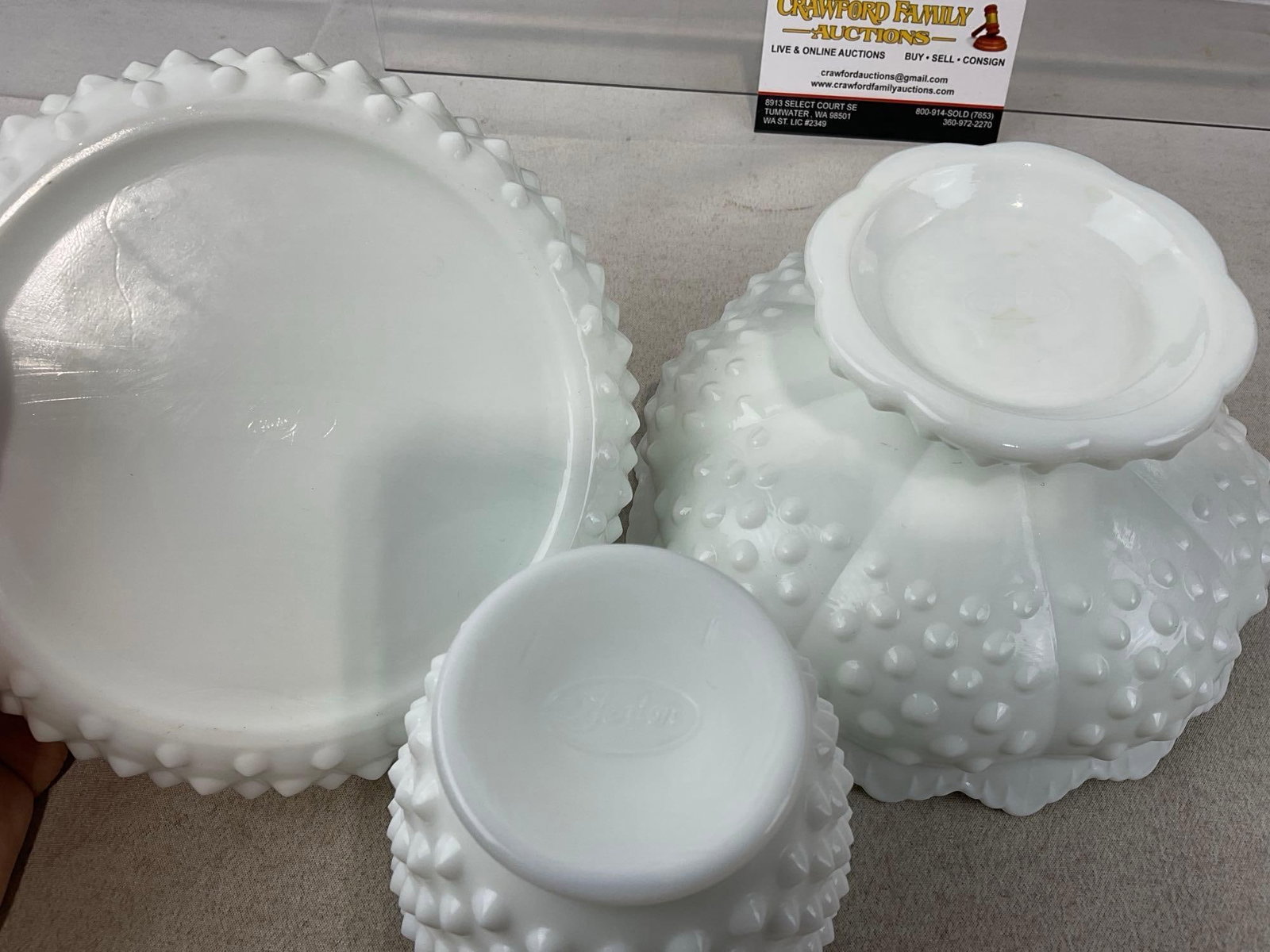 4 Fenton Milk Glass Pieces, Vase, Multi-Candle Bowl Centerpiece, & Pair of Scalloped Edge Ashtrays - 4