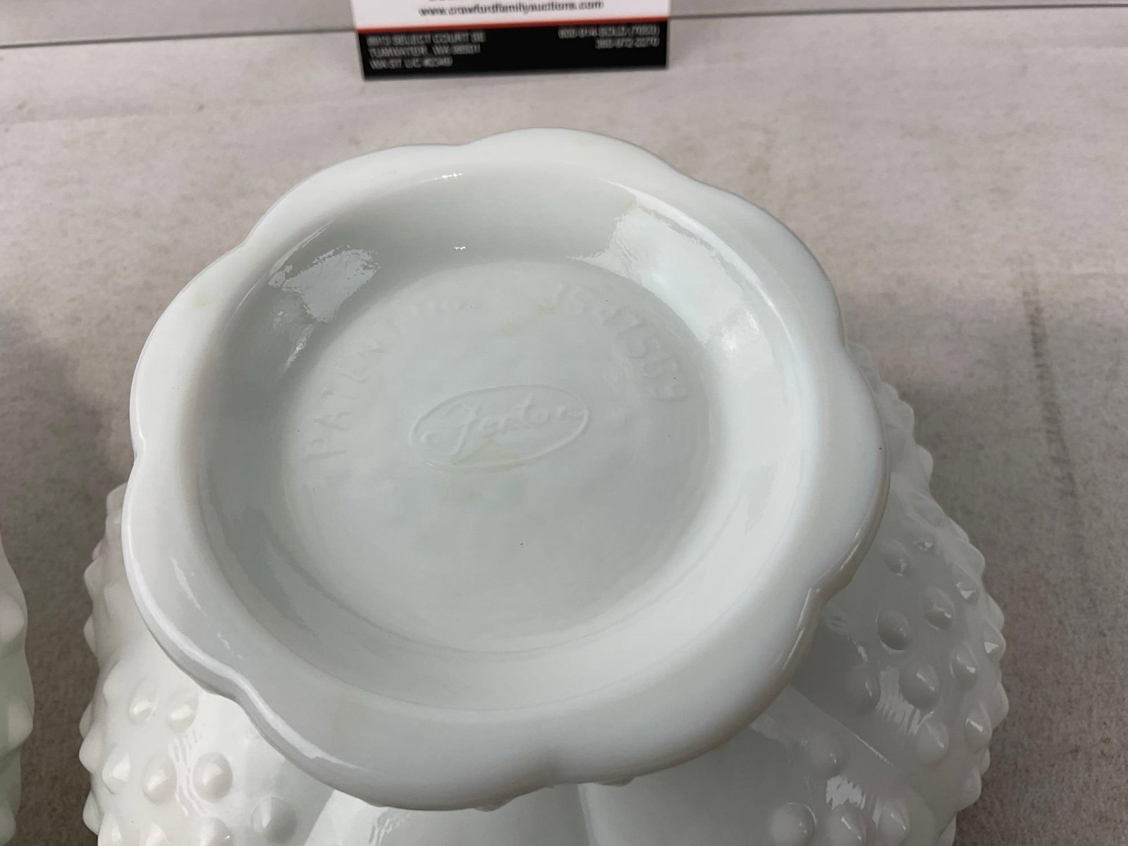 4 Fenton Milk Glass Pieces, Vase, Multi-Candle Bowl Centerpiece, & Pair of Scalloped Edge Ashtrays - 5