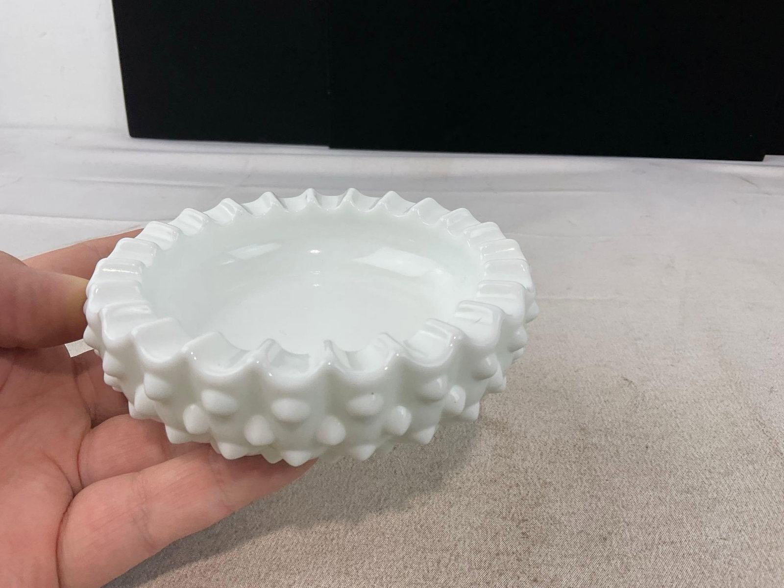4 Fenton Milk Glass Pieces, Vase, Multi-Candle Bowl Centerpiece, & Pair of Scalloped Edge Ashtrays - 6