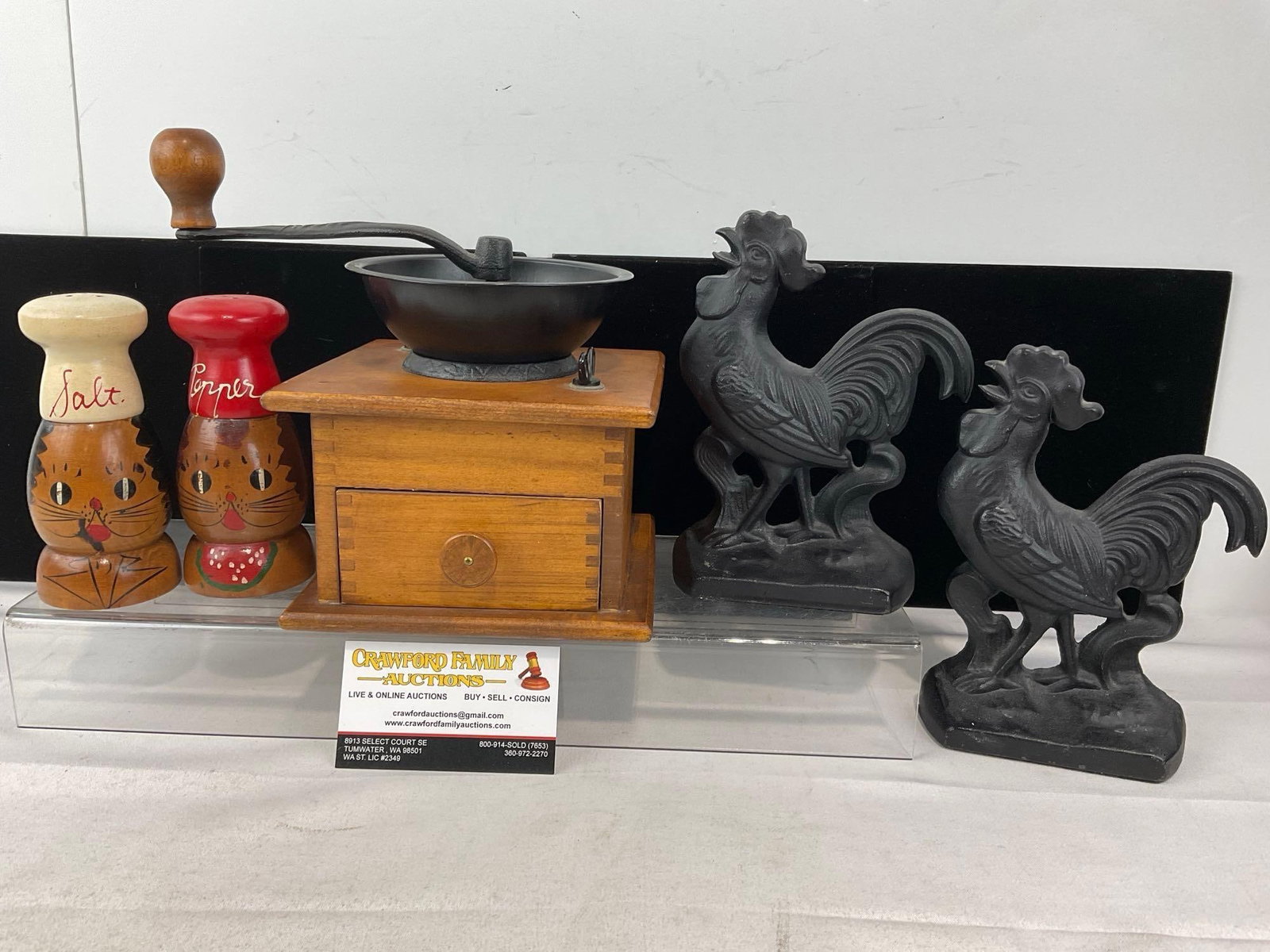 Cat Painted Wooden S&P Shakers, Vintage Coffee Grinder & Pair of modern Cast Iron Rooster Door St...: Appears to be in good shape. The piece measures approx 9h x 13w x 9d inches. See pics. E-6480