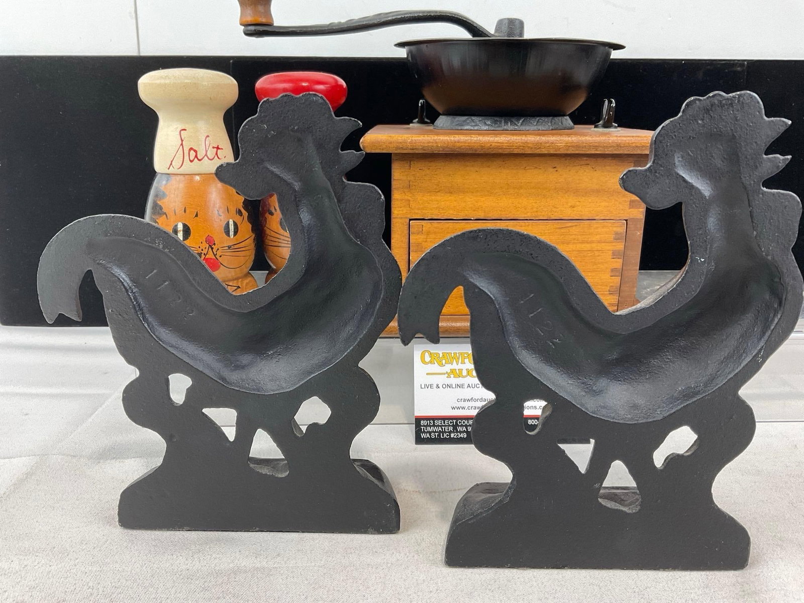 Cat Painted Wooden S&P Shakers, Vintage Coffee Grinder & Pair of modern Cast Iron Rooster Door St... - 5