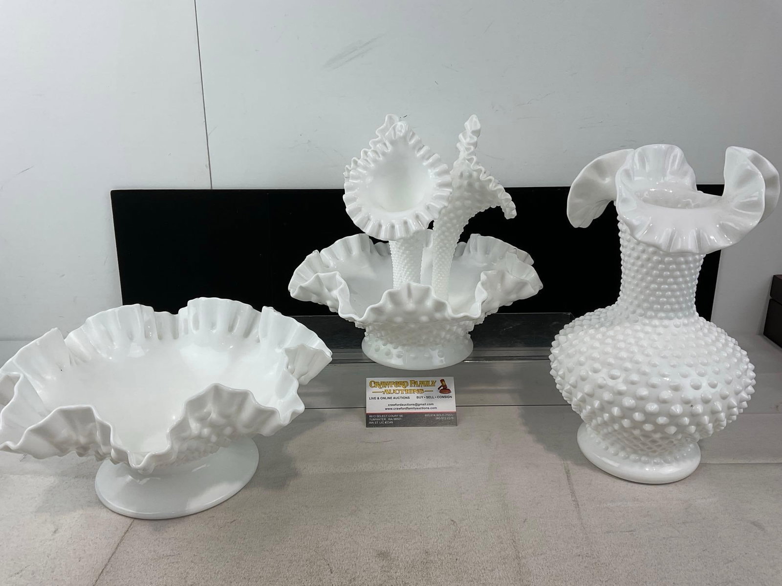 3 Milk Glass Ruffled Edge Bowl, Epergne w/3 bud holders, & Large Vase: Appears to be in good shape. The piece measures approx 13h x 16w x 11d inches. See pics. E-6480
