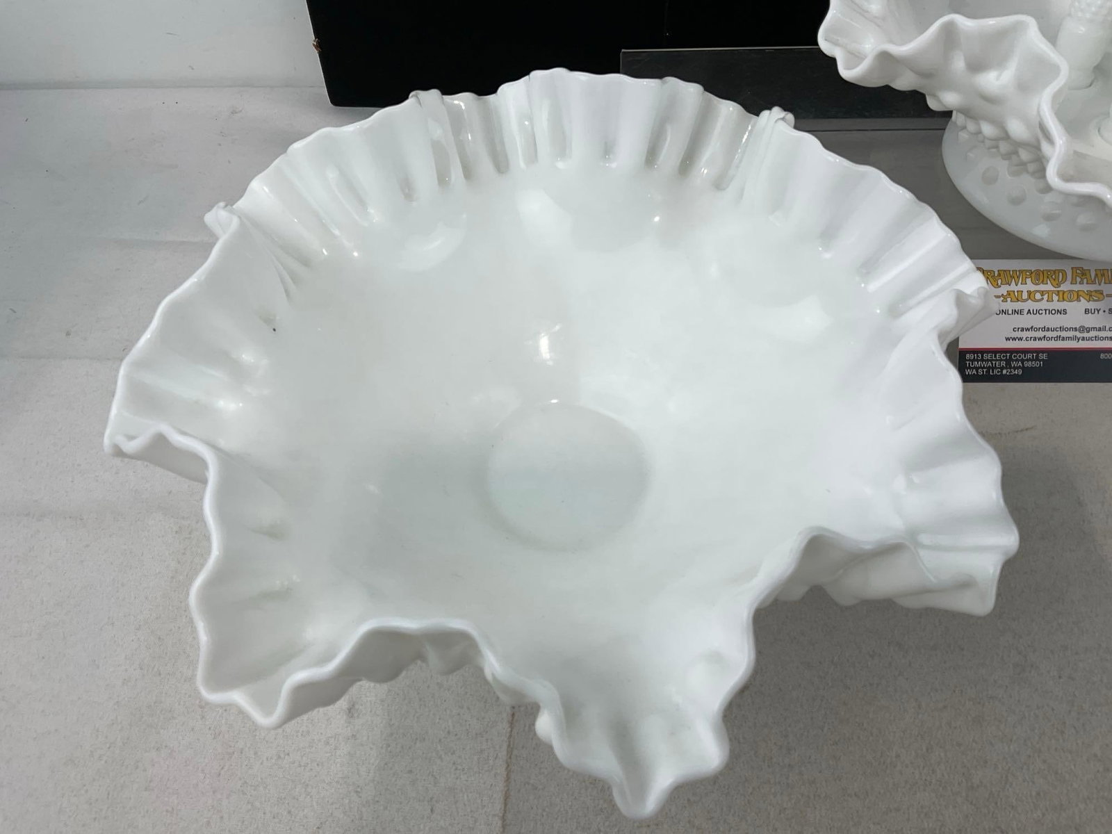 3 Milk Glass Ruffled Edge Bowl, Epergne w/3 bud holders, & Large Vase - 2