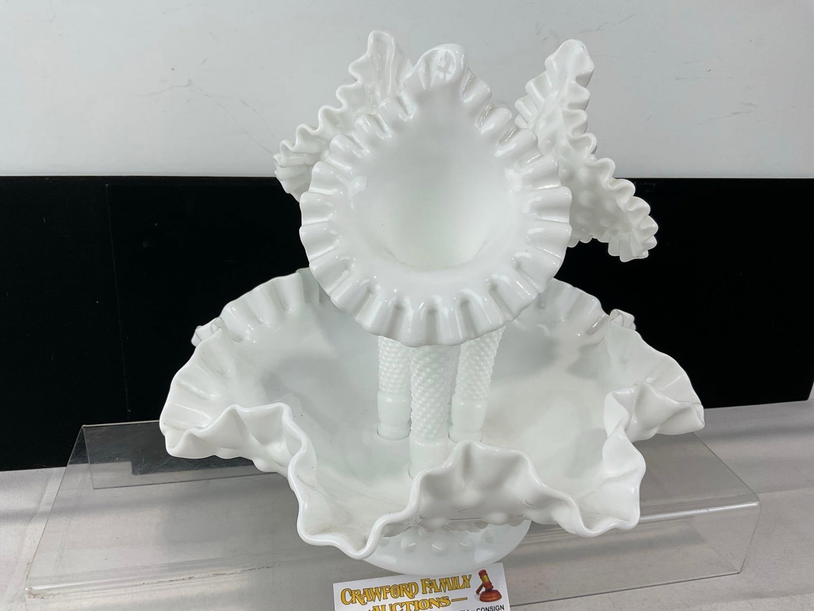 3 Milk Glass Ruffled Edge Bowl, Epergne w/3 bud holders, & Large Vase - 3