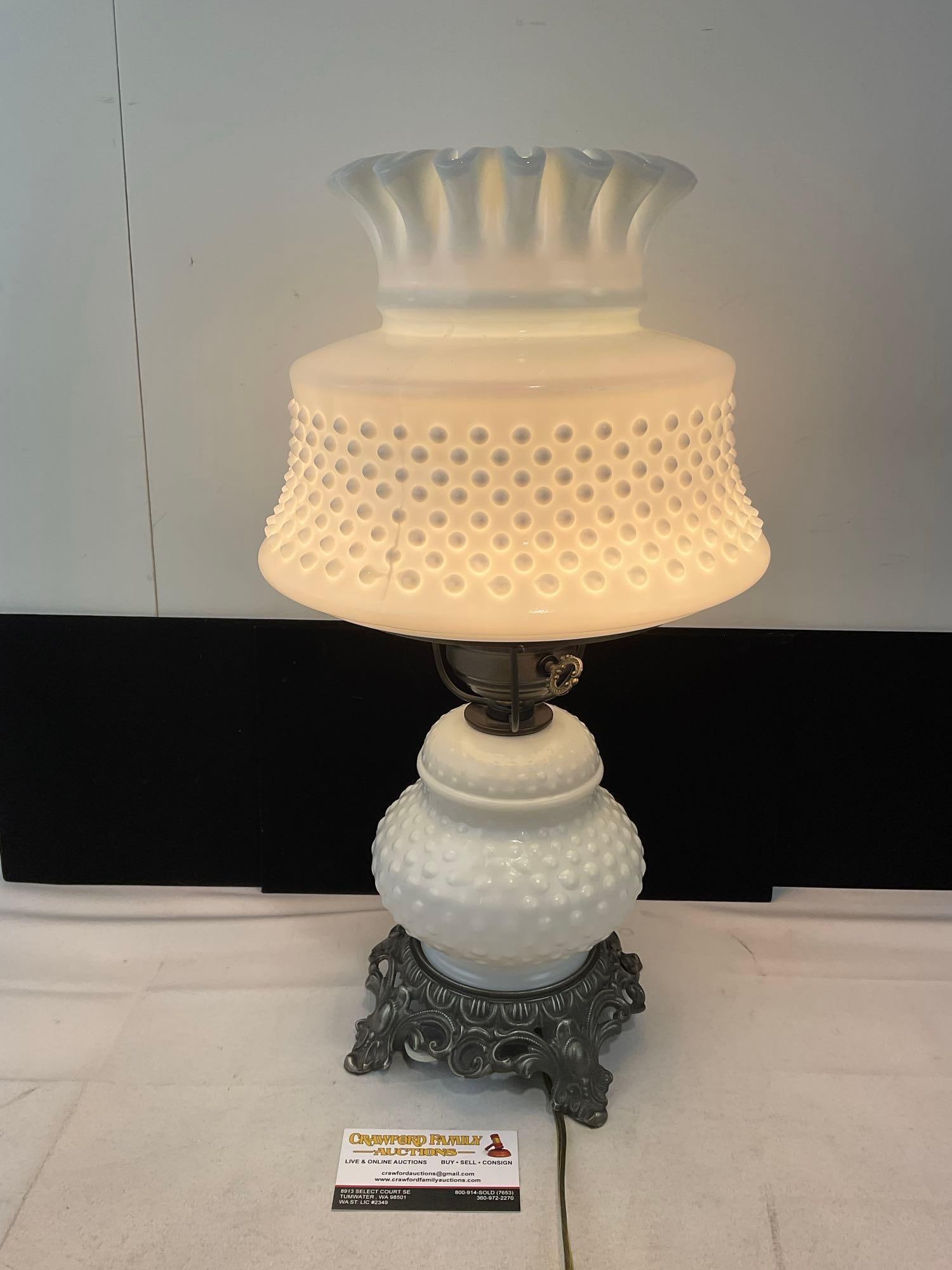 Vintage Electrified Hobnail Milk Glass Hurricane Table Lamp, tested & working 19x10x10 inches: Appears to be in good shape. The piece measures approx 19h x 10w x 10d inches. See pics. E-6480