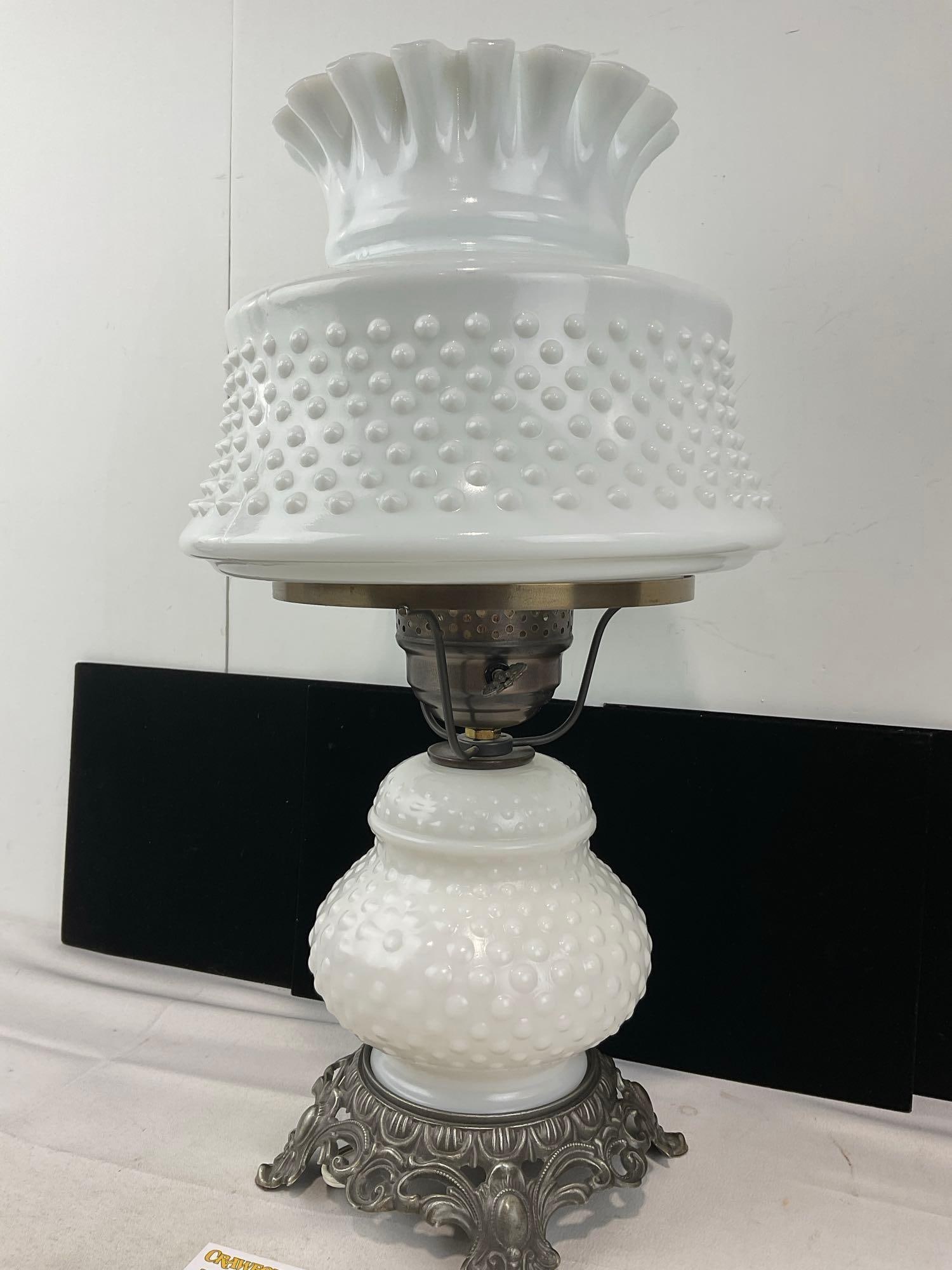Vintage Electrified Hobnail Milk Glass Hurricane Table Lamp, tested & working 19x10x10 inches - 2