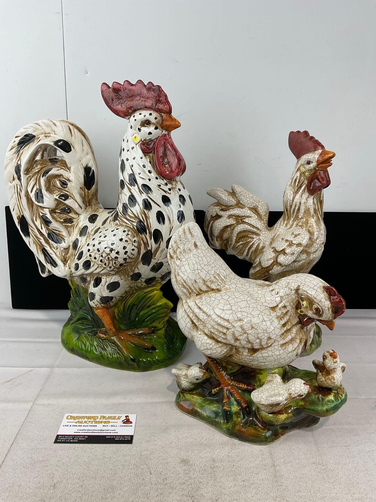 3 Decor Ceramic Chicken Figures, 2x Farmhouse Rooster & Hen w/Chicks: Appears to be in good shape. The piece measures approx 17h x 13w x 12d inches. See pics. E-6480