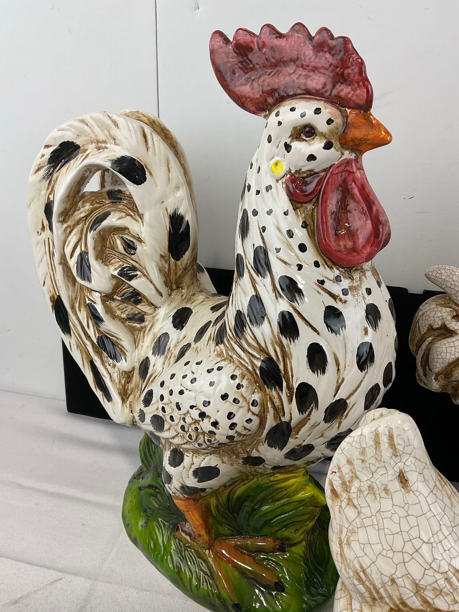 3 Decor Ceramic Chicken Figures, 2x Farmhouse Rooster & Hen w/Chicks - 2