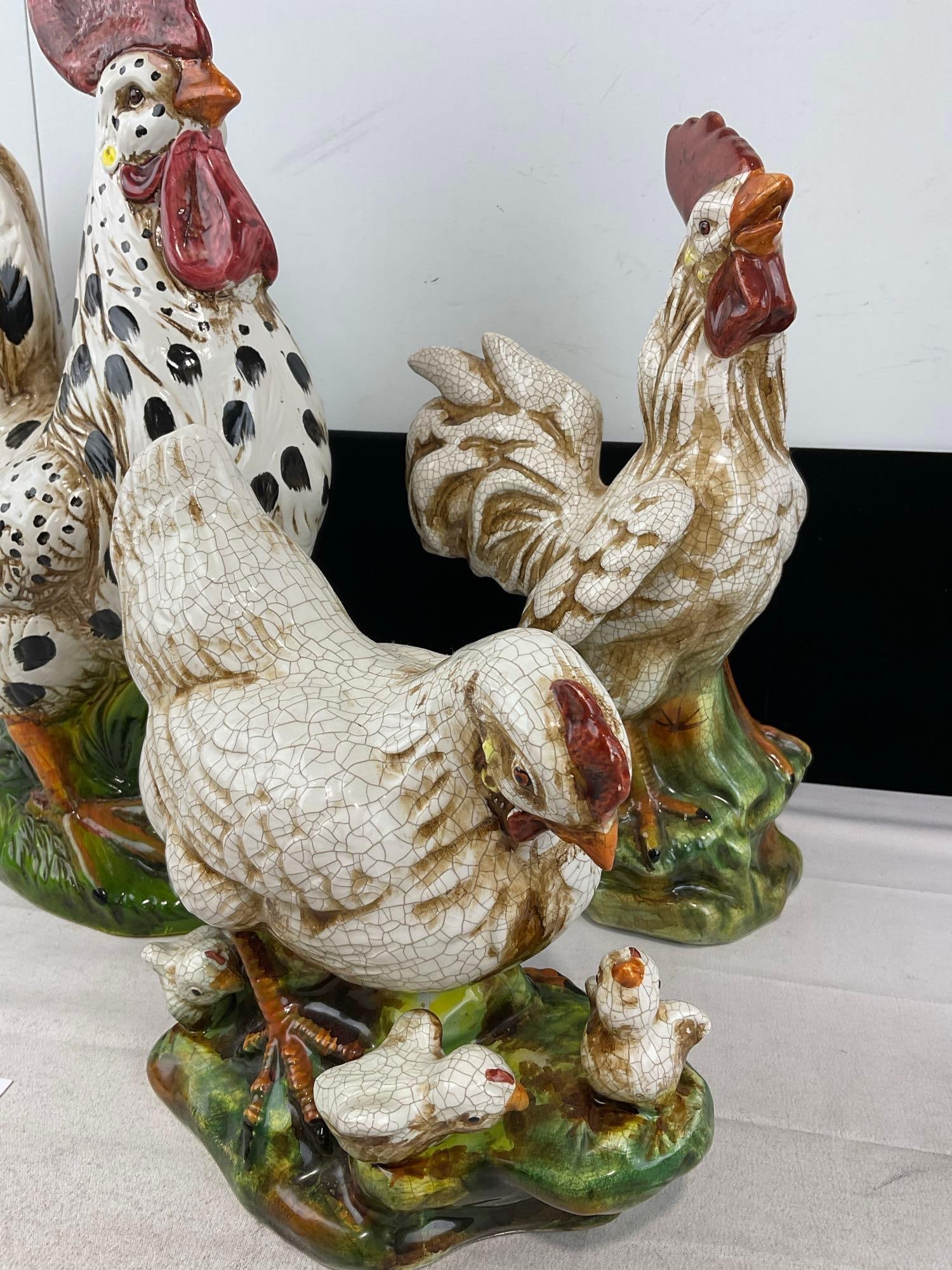 3 Decor Ceramic Chicken Figures, 2x Farmhouse Rooster & Hen w/Chicks - 3
