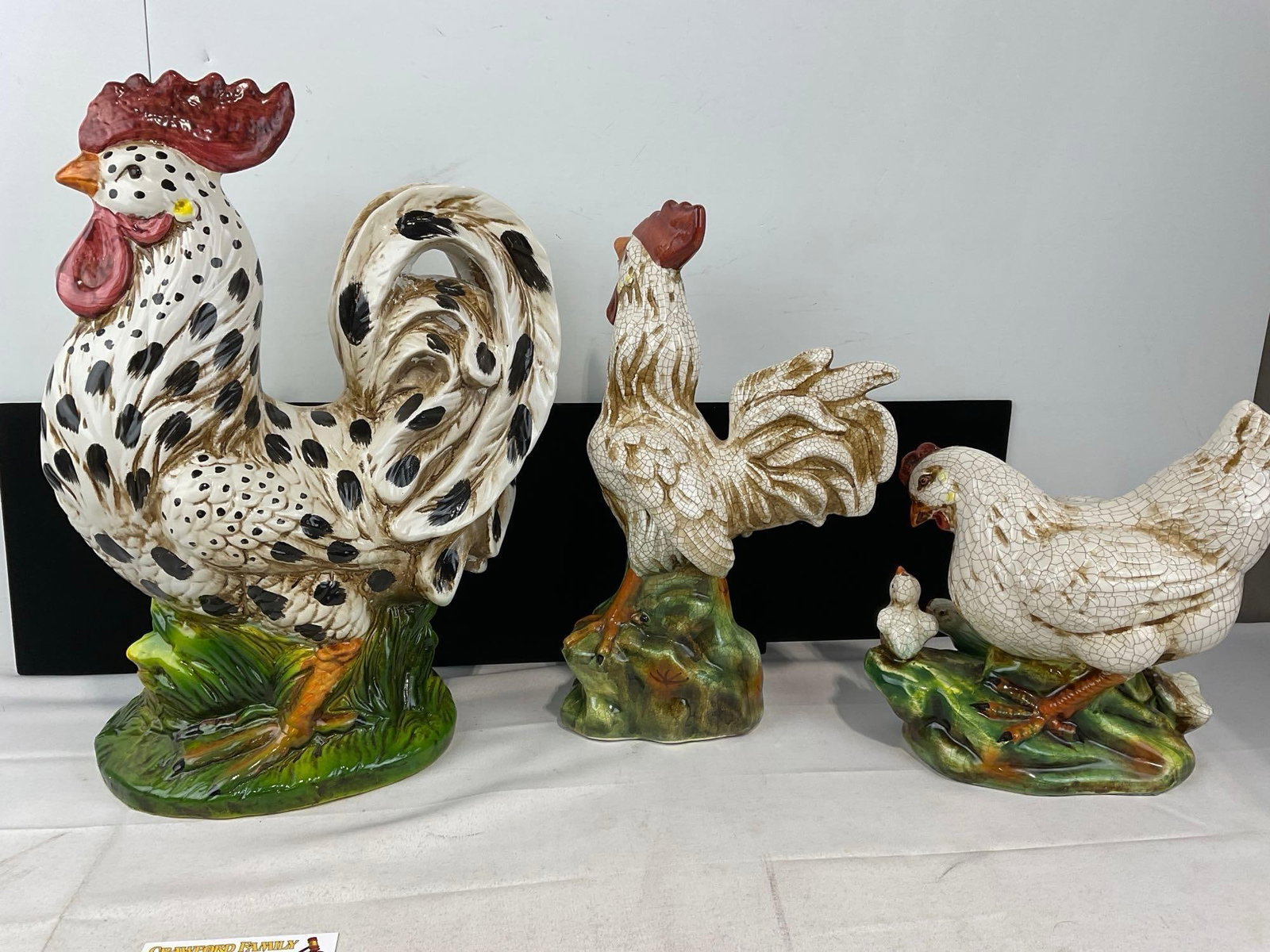 3 Decor Ceramic Chicken Figures, 2x Farmhouse Rooster & Hen w/Chicks - 4