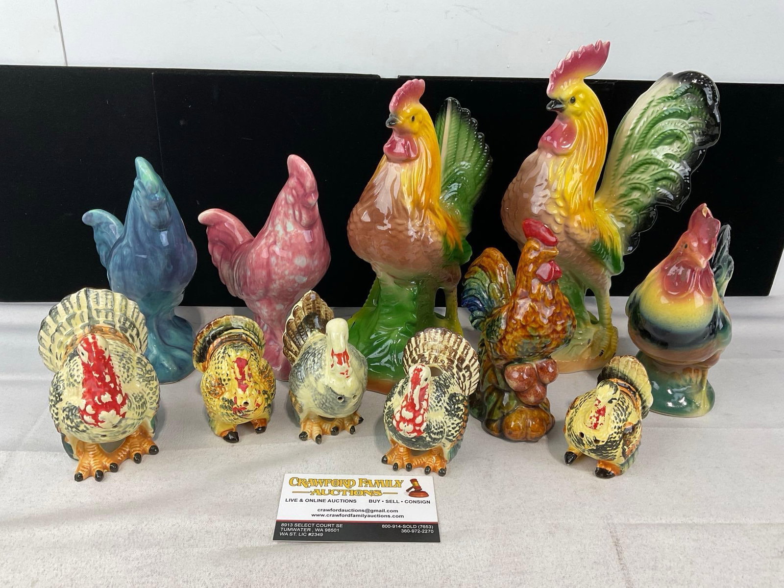 Selection of 11 Ceramic Turkeys, Chickens, Salt & Pepper Shakers, Planters, Figurines & more: Appears to be in good shape. The piece measures approx 9h x 16w x 11d inches. See pics. E-6480