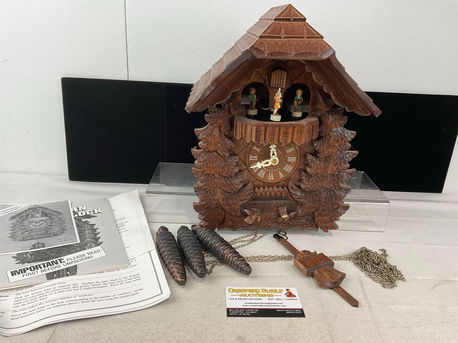 Vintage German Black Forest Cuckoo Clock, w/Miniature Hummel Figures rotating, 3 Pinecone Weights (1 of 6)