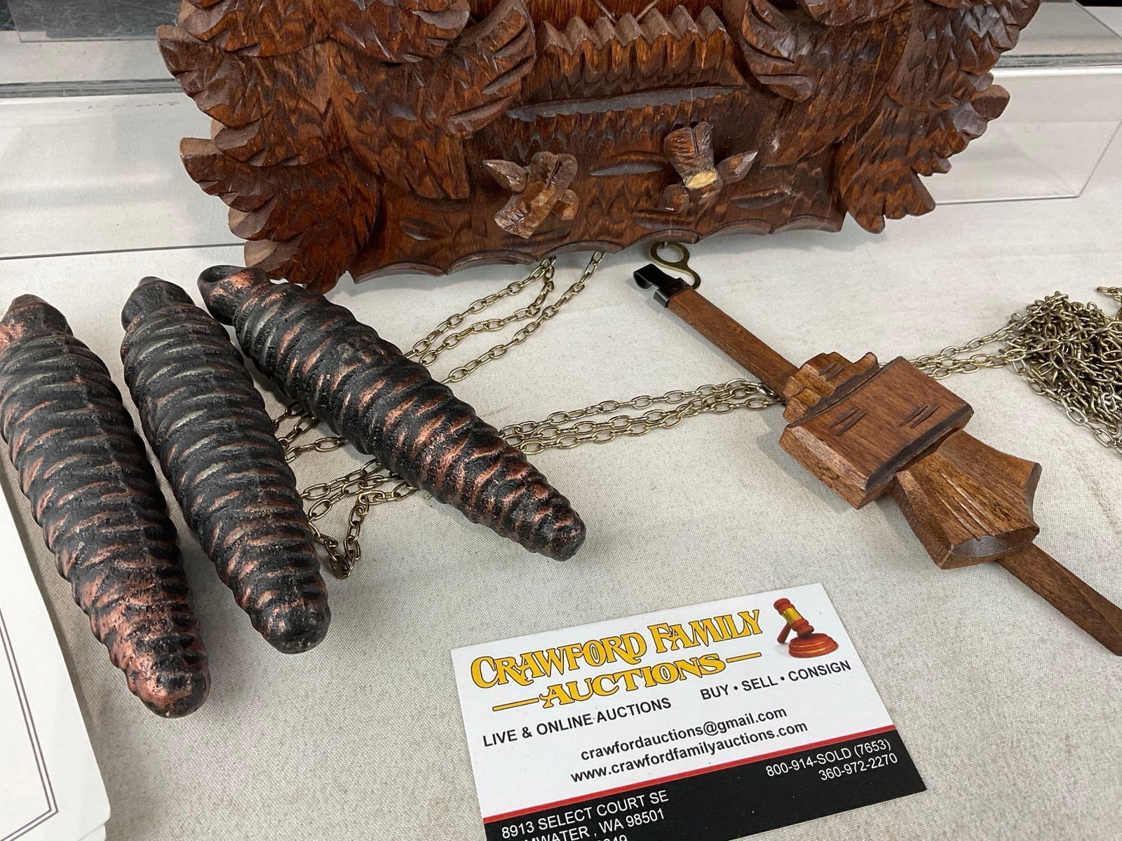 Vintage German Black Forest Cuckoo Clock, w/Miniature Hummel Figures rotating, 3 Pinecone Weights - 2