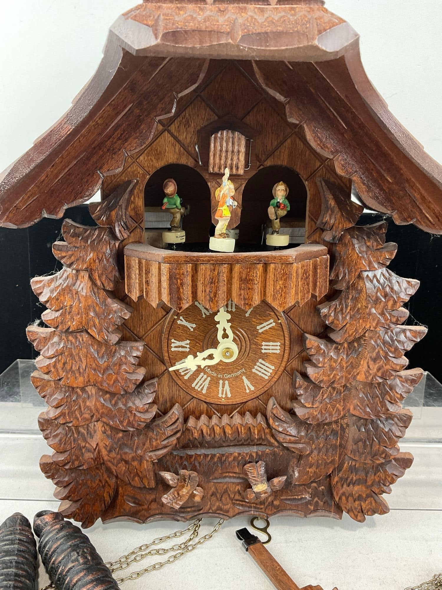 Vintage German Black Forest Cuckoo Clock, w/Miniature Hummel Figures rotating, 3 Pinecone Weights - 3