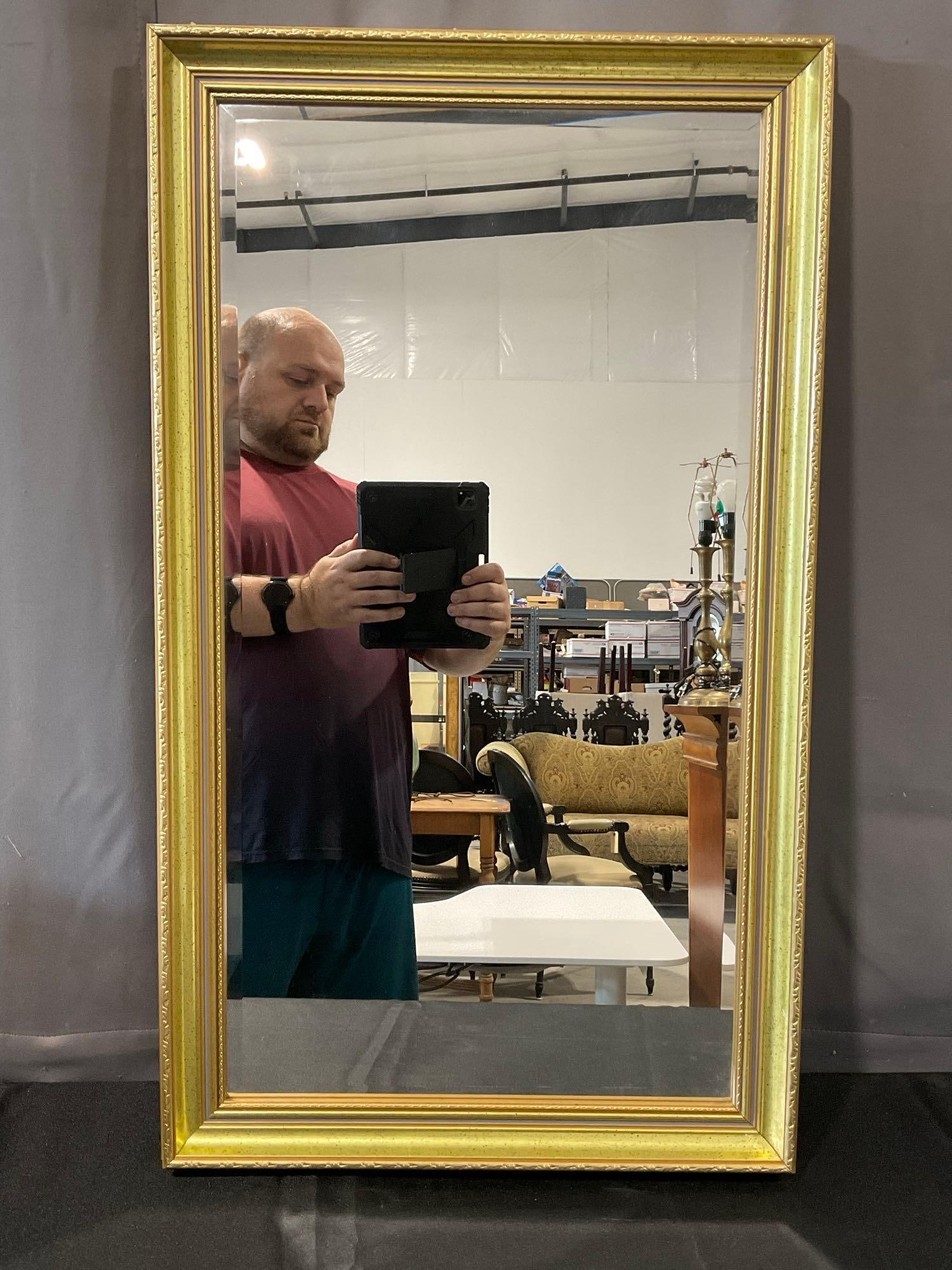 Framed Mirror, Giltwood Frame, Beveled Edge, 21x35 inches: Appears to be in good shape. The piece measures approx 21h x 35w x 4d inches. See pics. E-5860 *Freight Required if shipped, Buyer Arranged/Responsibility*