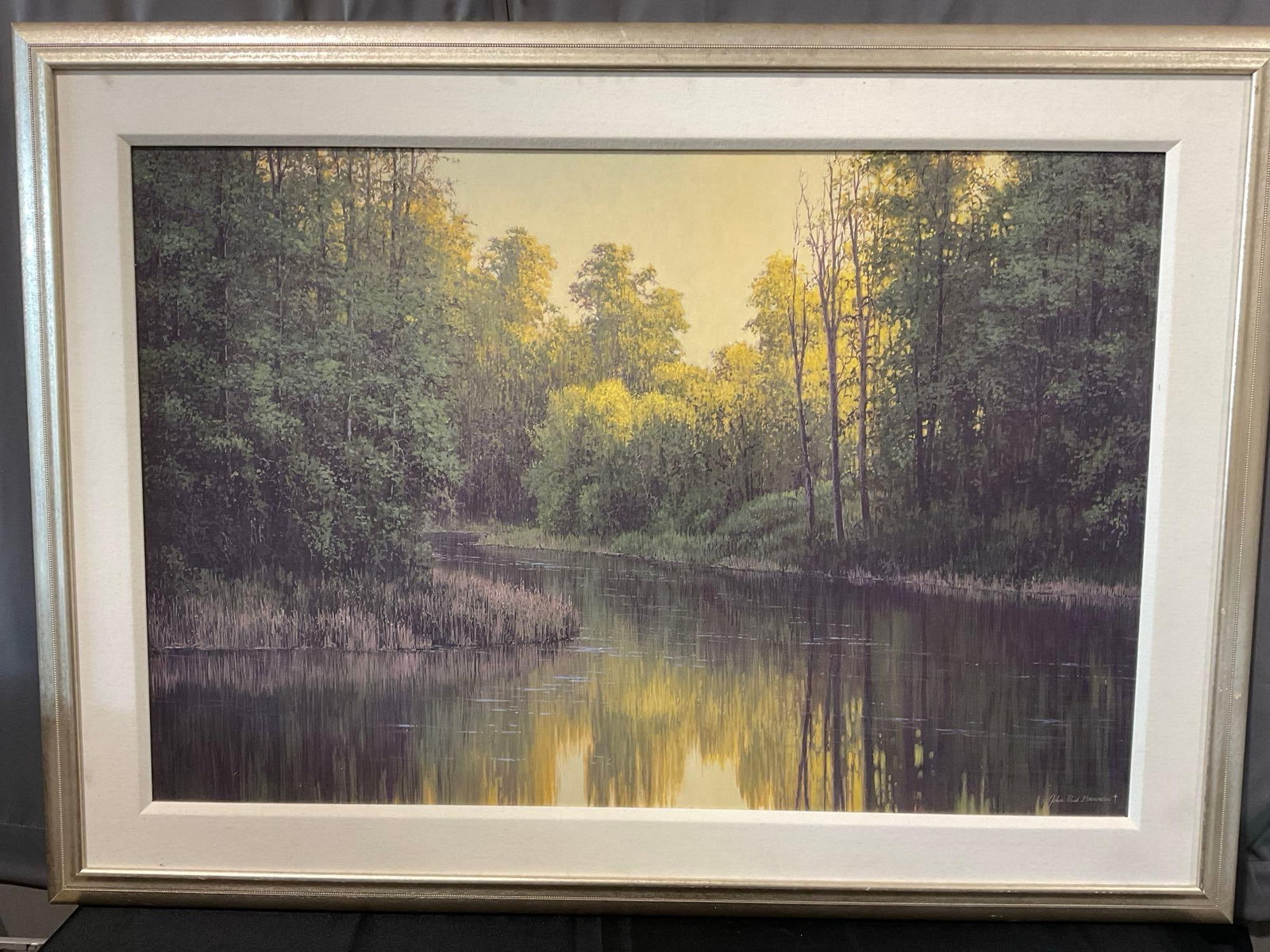Framed Large Landscape Oil on Paper Painting Riverside Scene, by John Paul Braman, 38x52 inches: Appears to be in good shape. The piece measures approx 38h x 52w x 4d inches. See pics. E-5860 *Freight Required if shipped, Buyer Arranged/Responsibility*